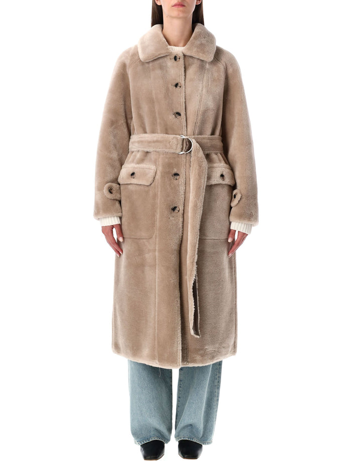Reversible faux fur belted coat with suede interior Taupe Polyester