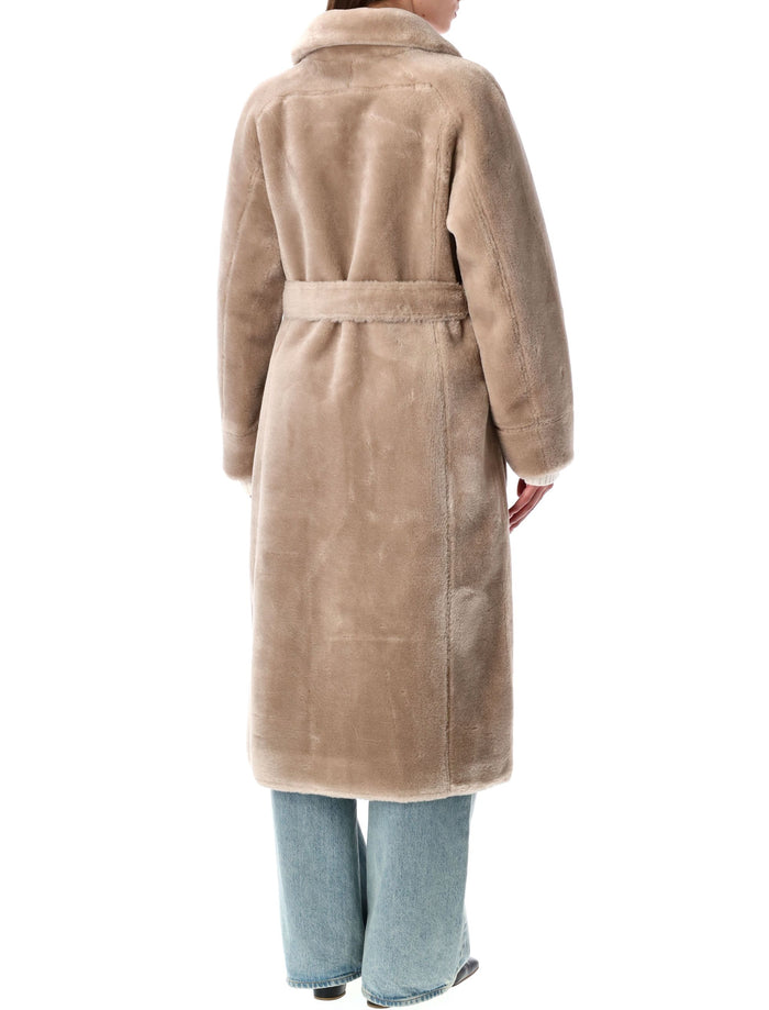 Reversible faux fur belted coat with suede interior Taupe Polyester