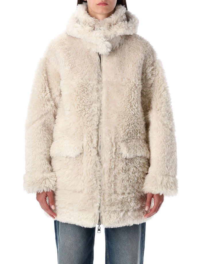 Reversible faux fur coat with hood Chalk Polyester Jacket