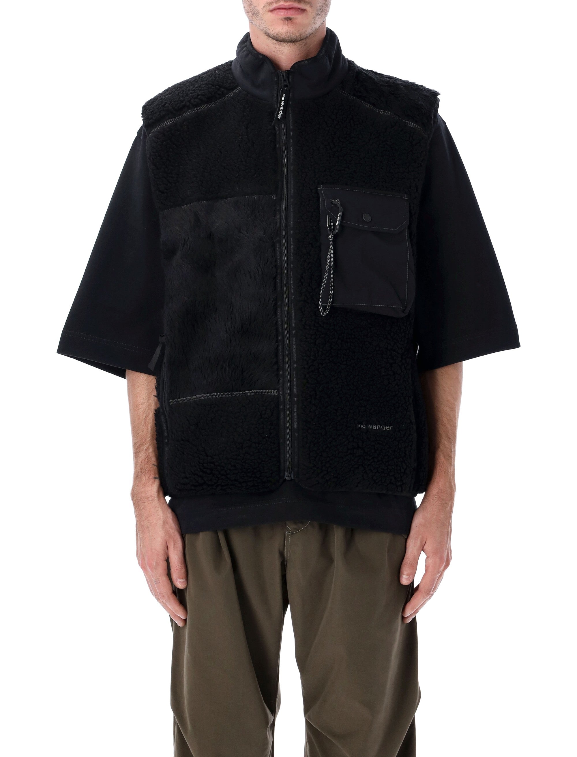 And Wander Mix Boa Patchwork Vest Black Polyester