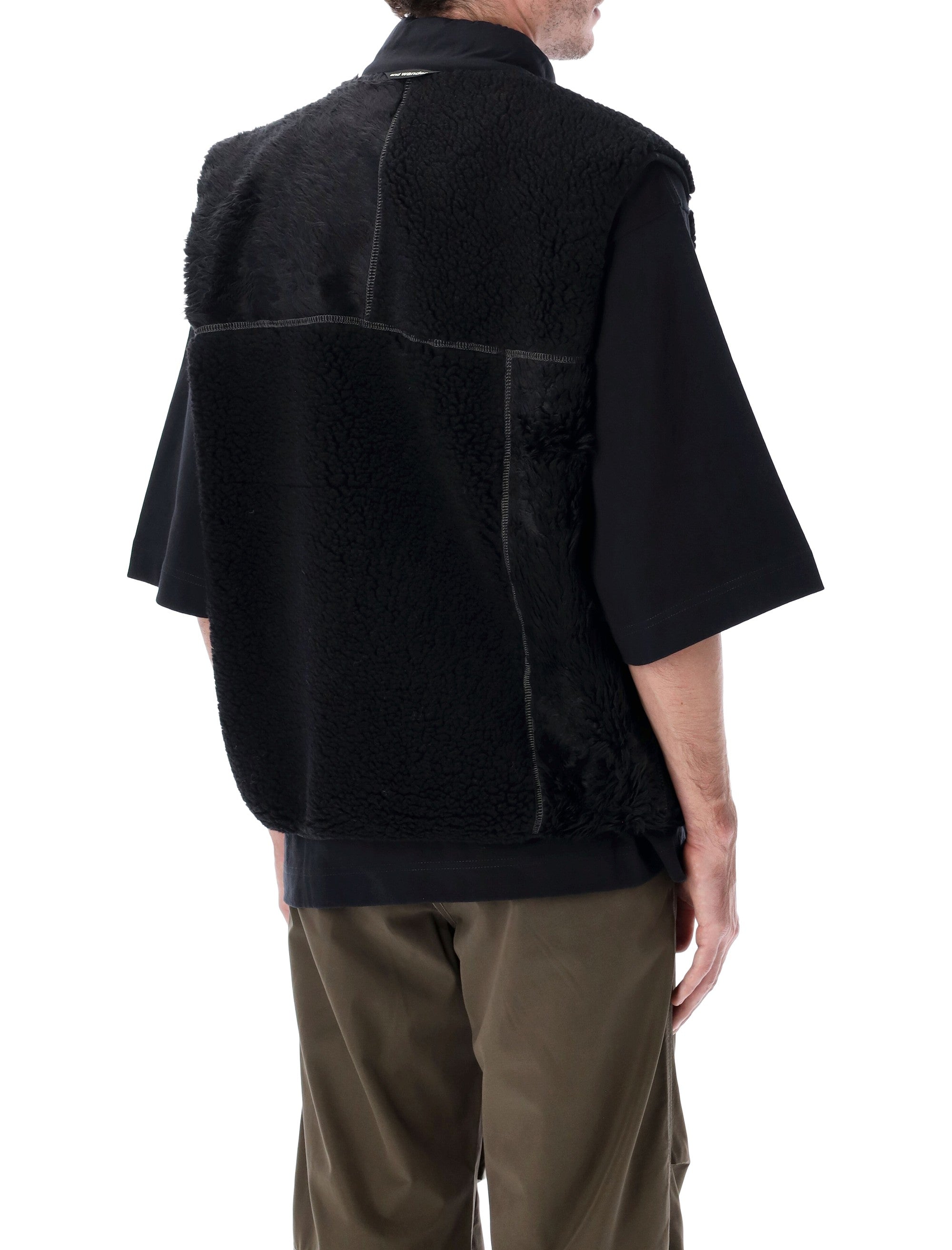And Wander Mix Boa Patchwork Vest Black Polyester