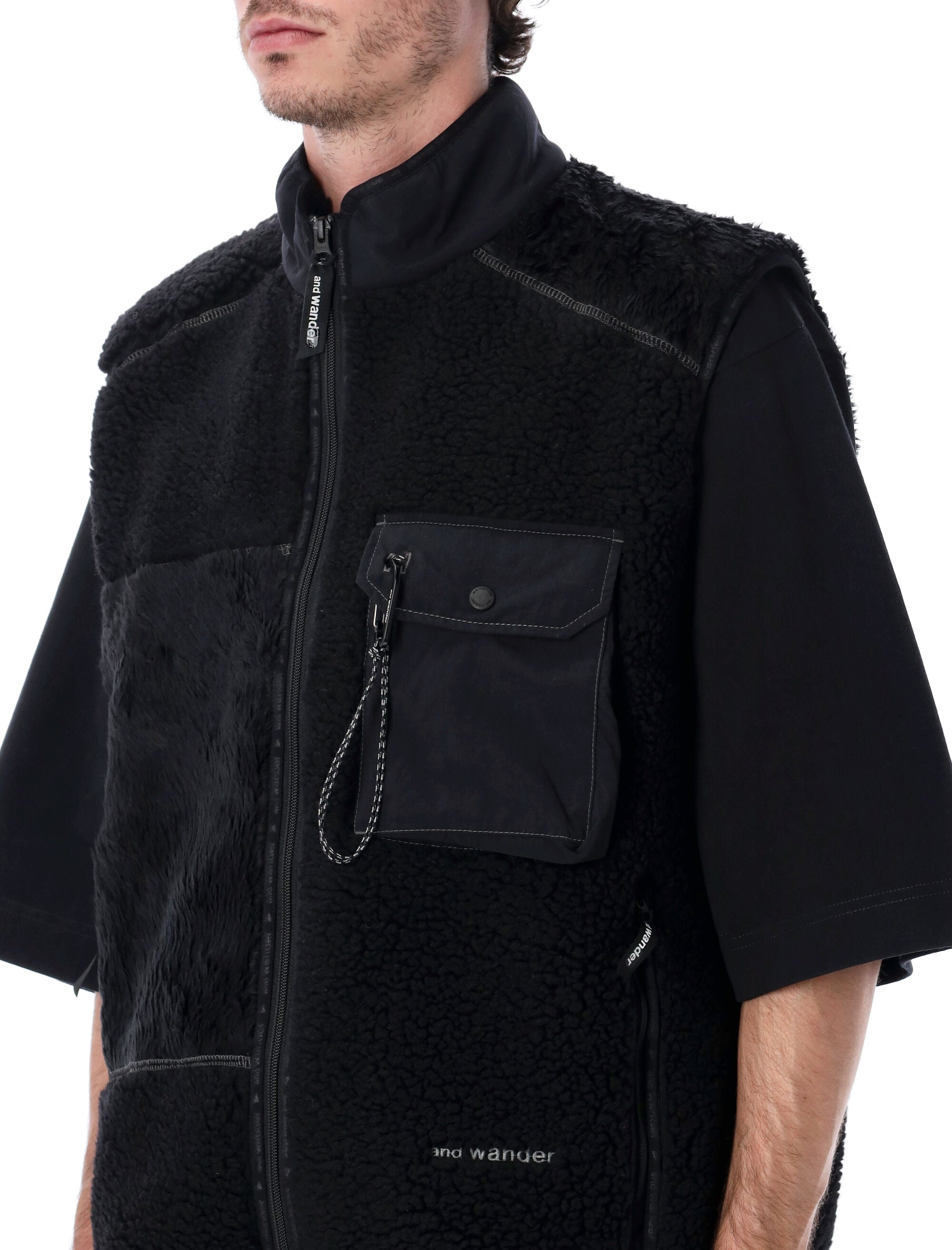 And Wander Mix Boa Patchwork Vest Black Polyester