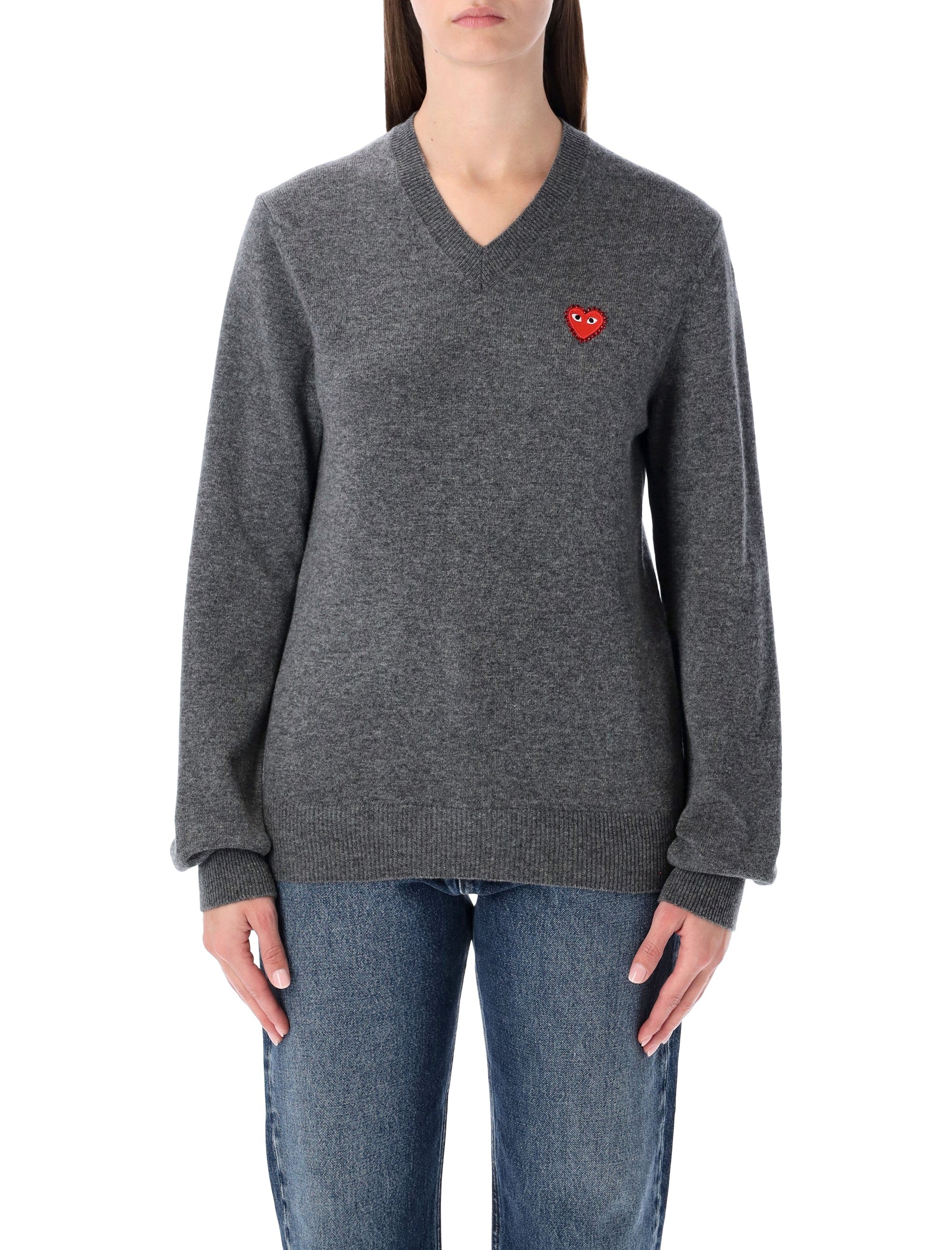 Comme des Garçons Play wool V-neck sweater with red heart and crystals Grey