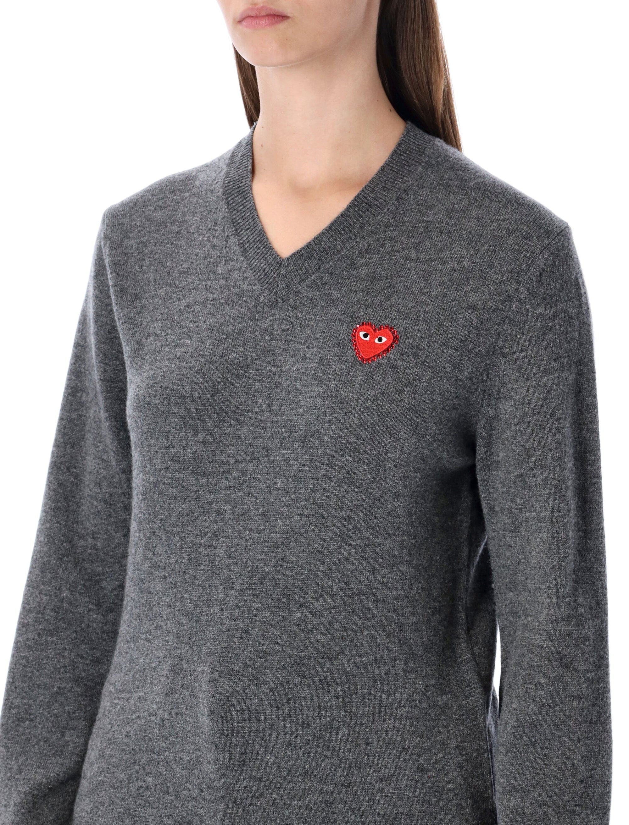 Comme des Garçons Play wool V-neck sweater with red heart and crystals Grey
