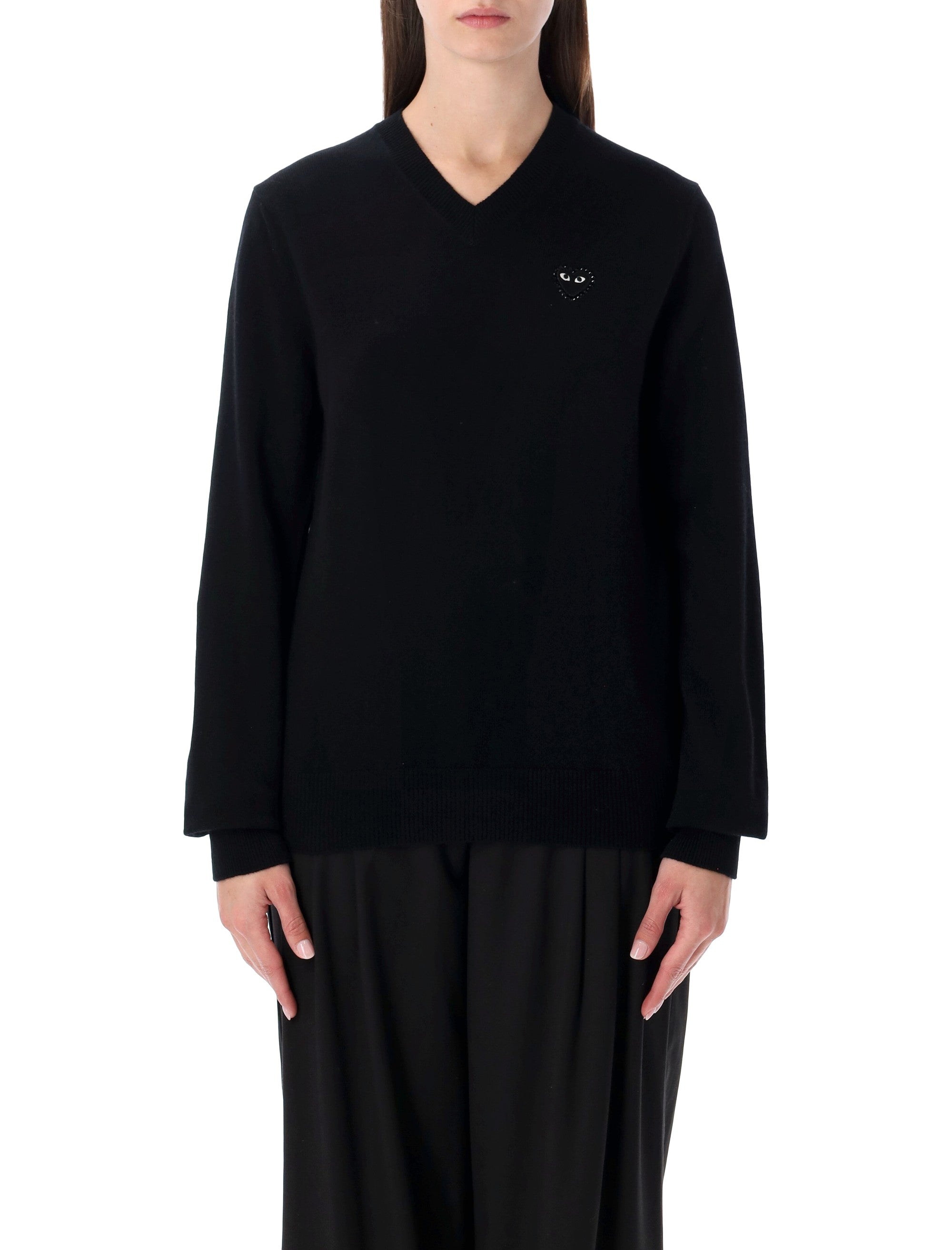 Comme Des Garçons Play Wool V-Neck Sweater With Black Heart And Crystals