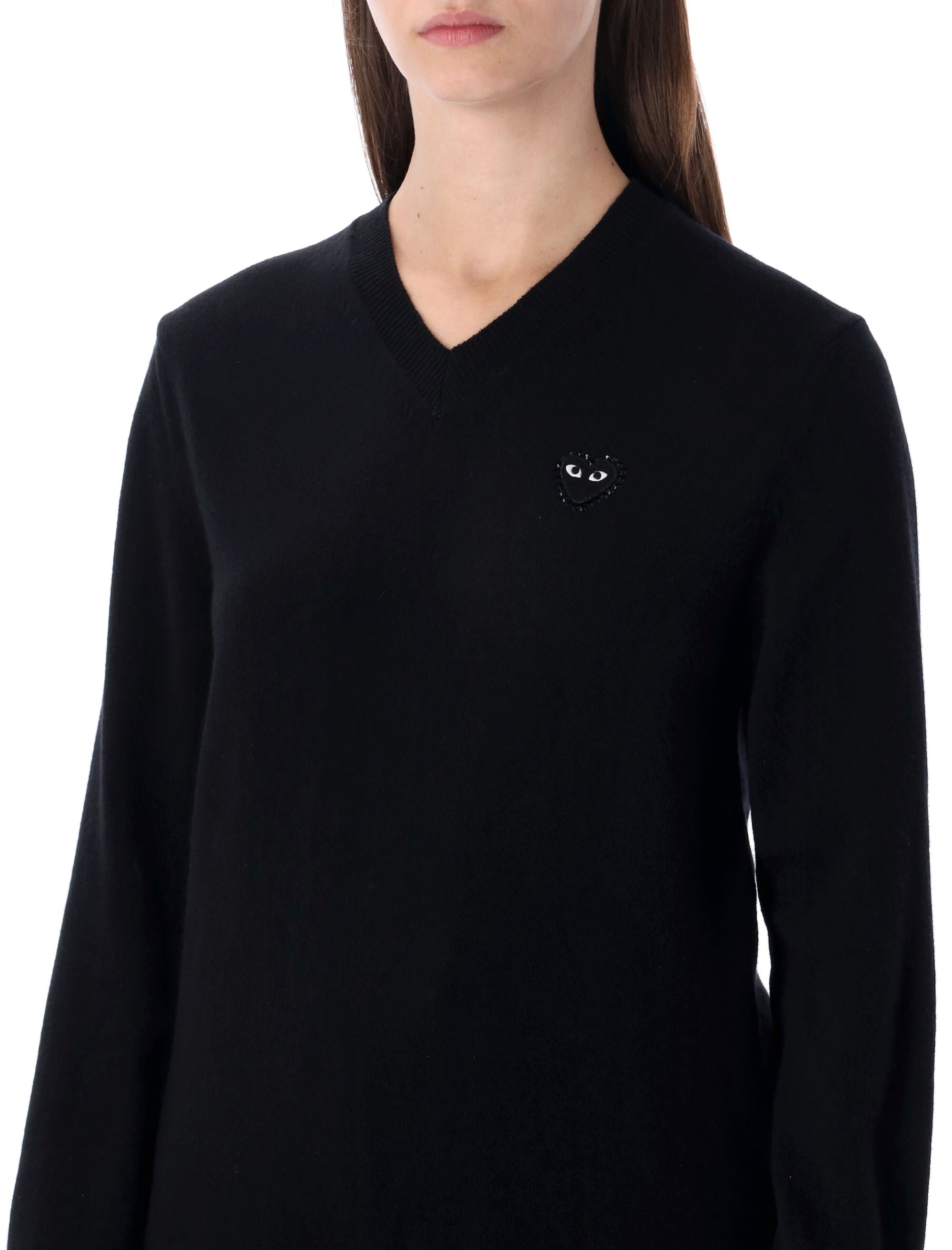 Comme Des Garçons Play Wool V-Neck Sweater With Black Heart And Crystals