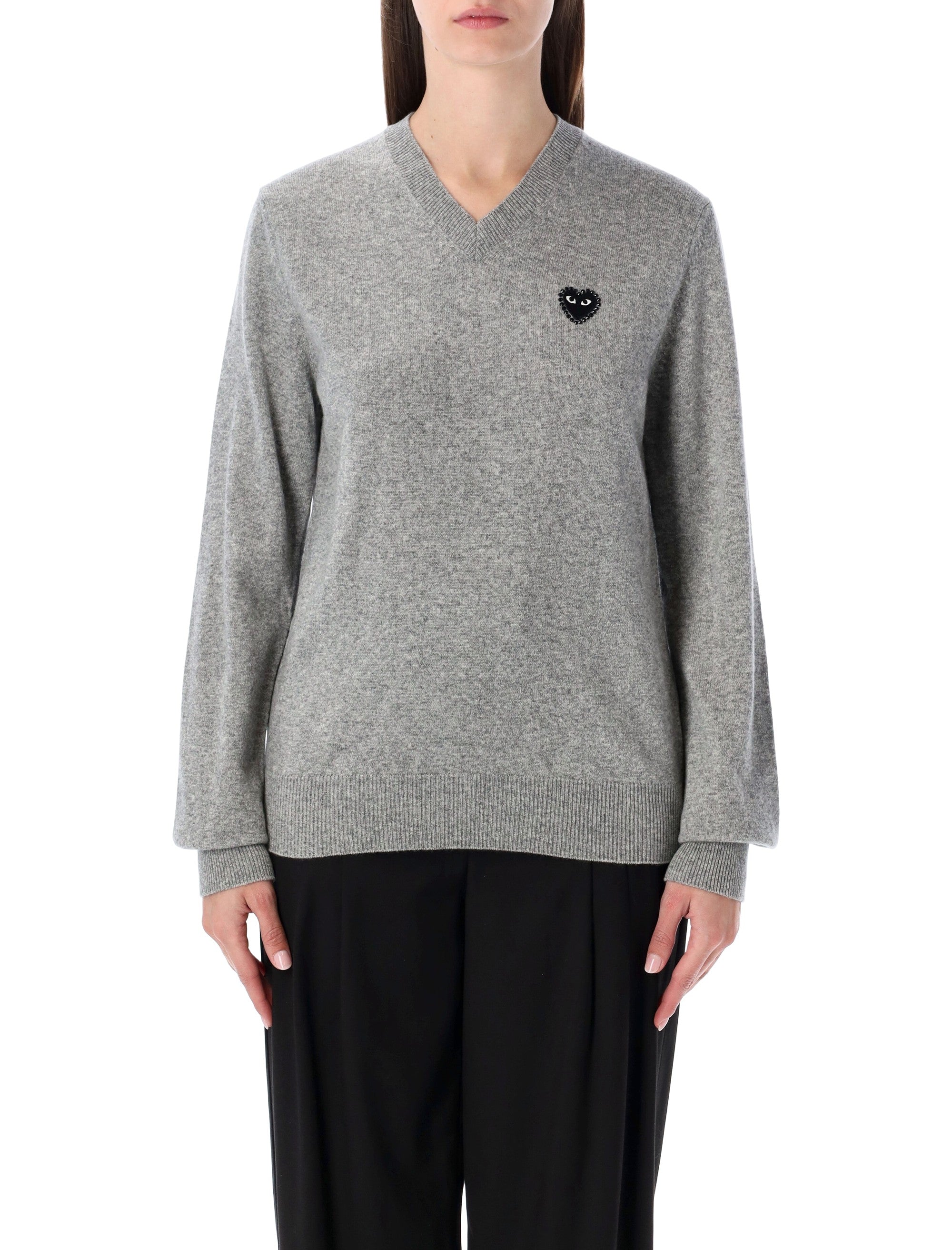 Comme des Garçons Play wool V-neck sweater with black heart and crystals Light Grey