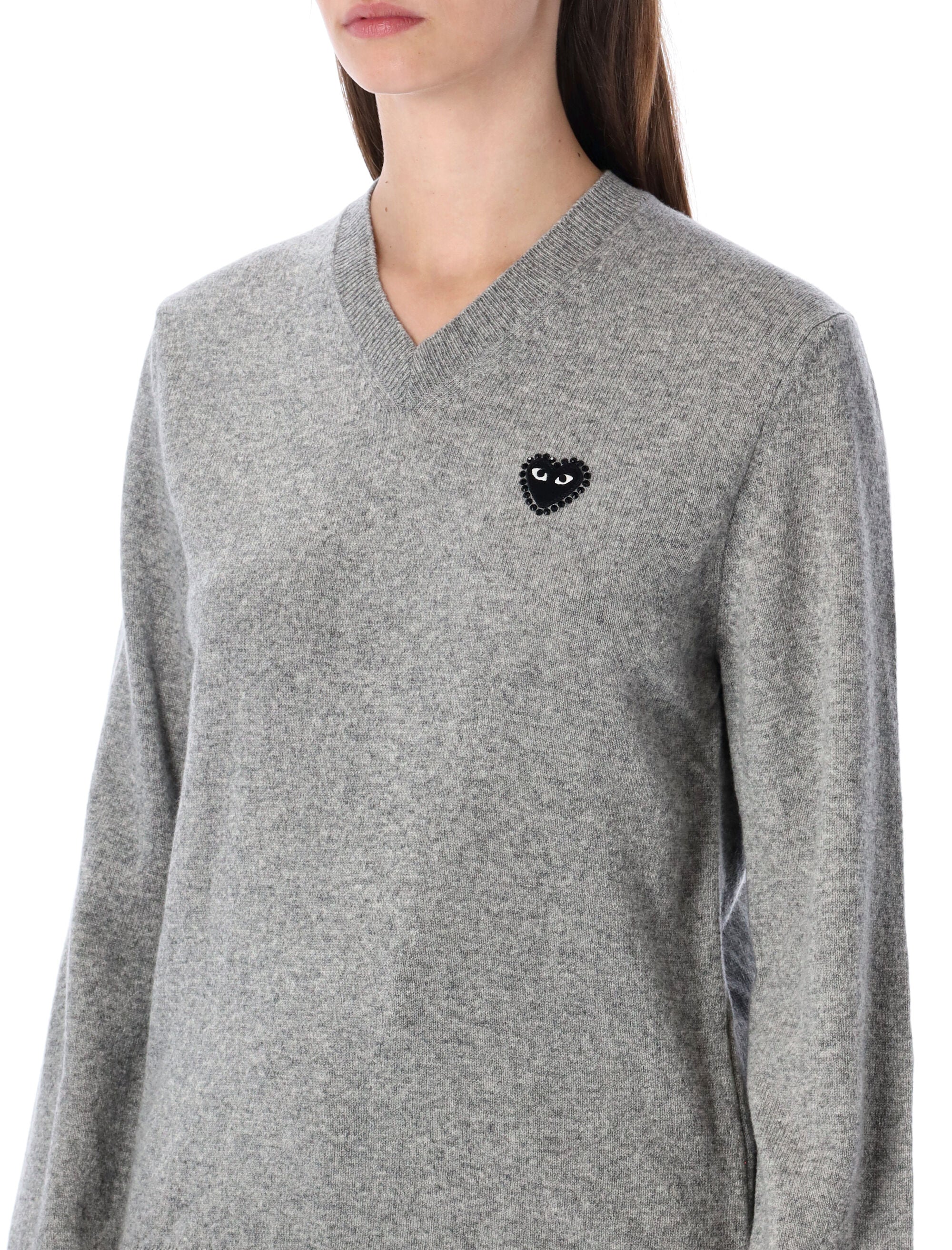 Comme des Garçons Play wool V-neck sweater with black heart and crystals Light Grey