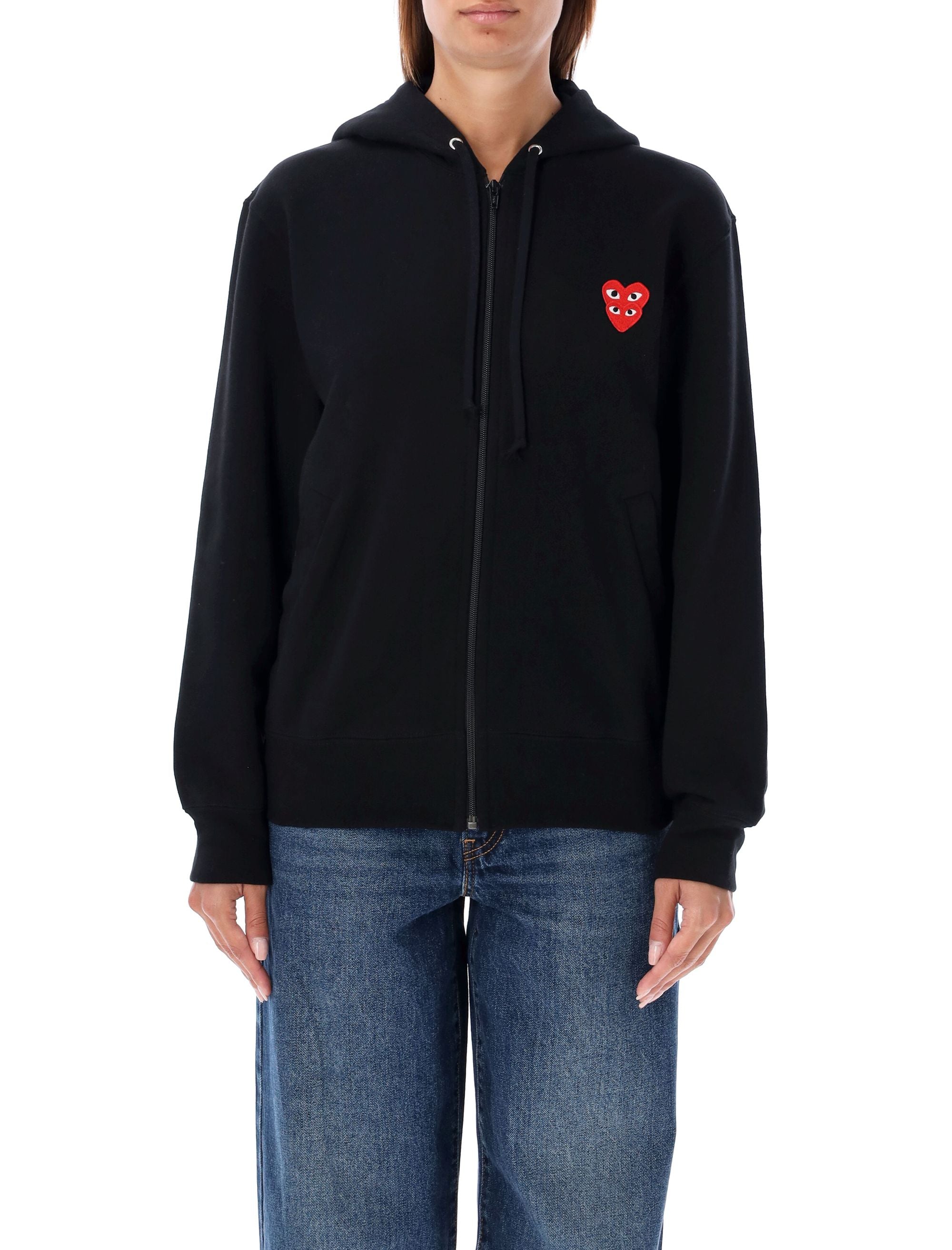 Zipped hoodie with double heart patch Black Cotton Sweatshirt