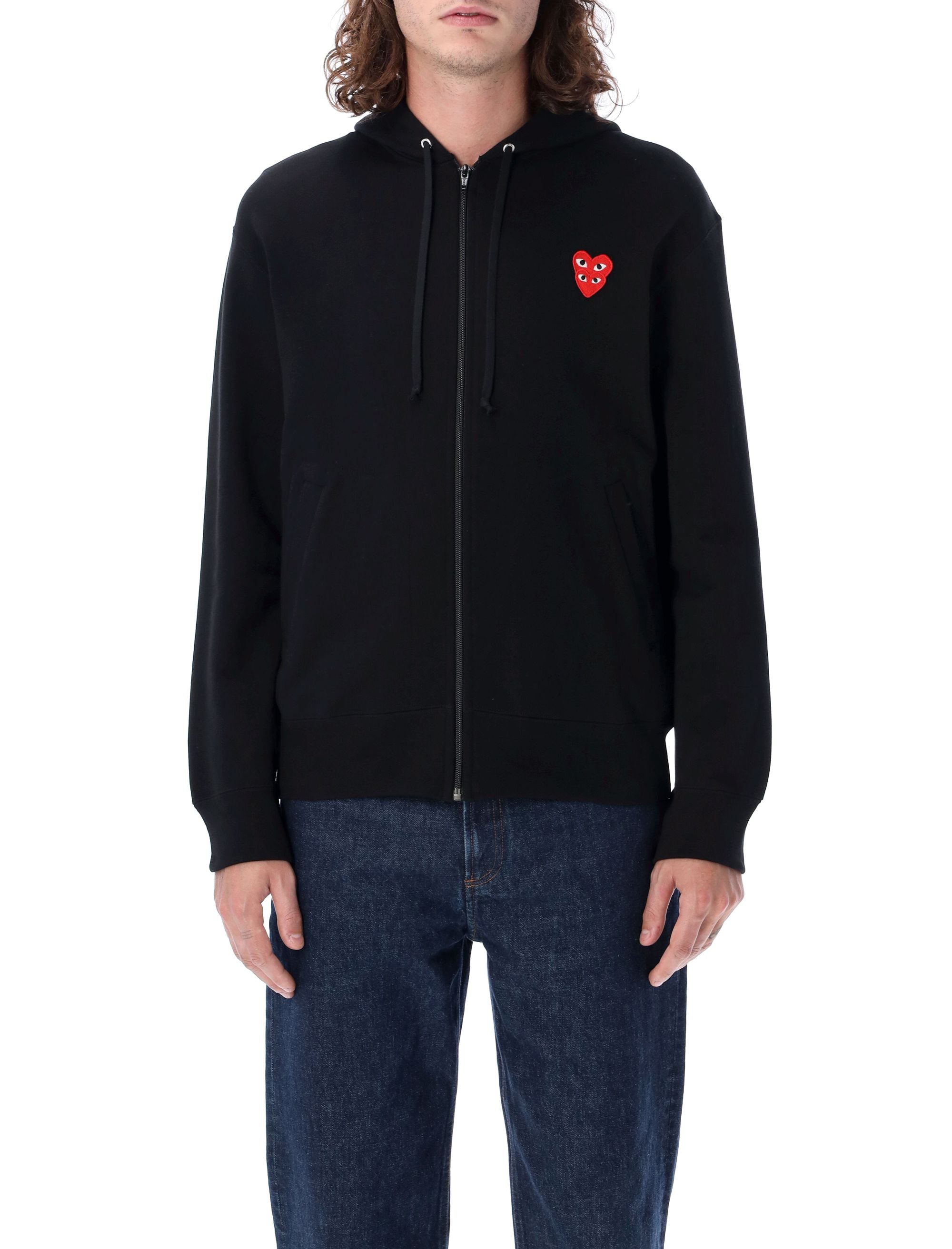 Zipped hoodie with double heart patch Black Cotton Sweatshirt