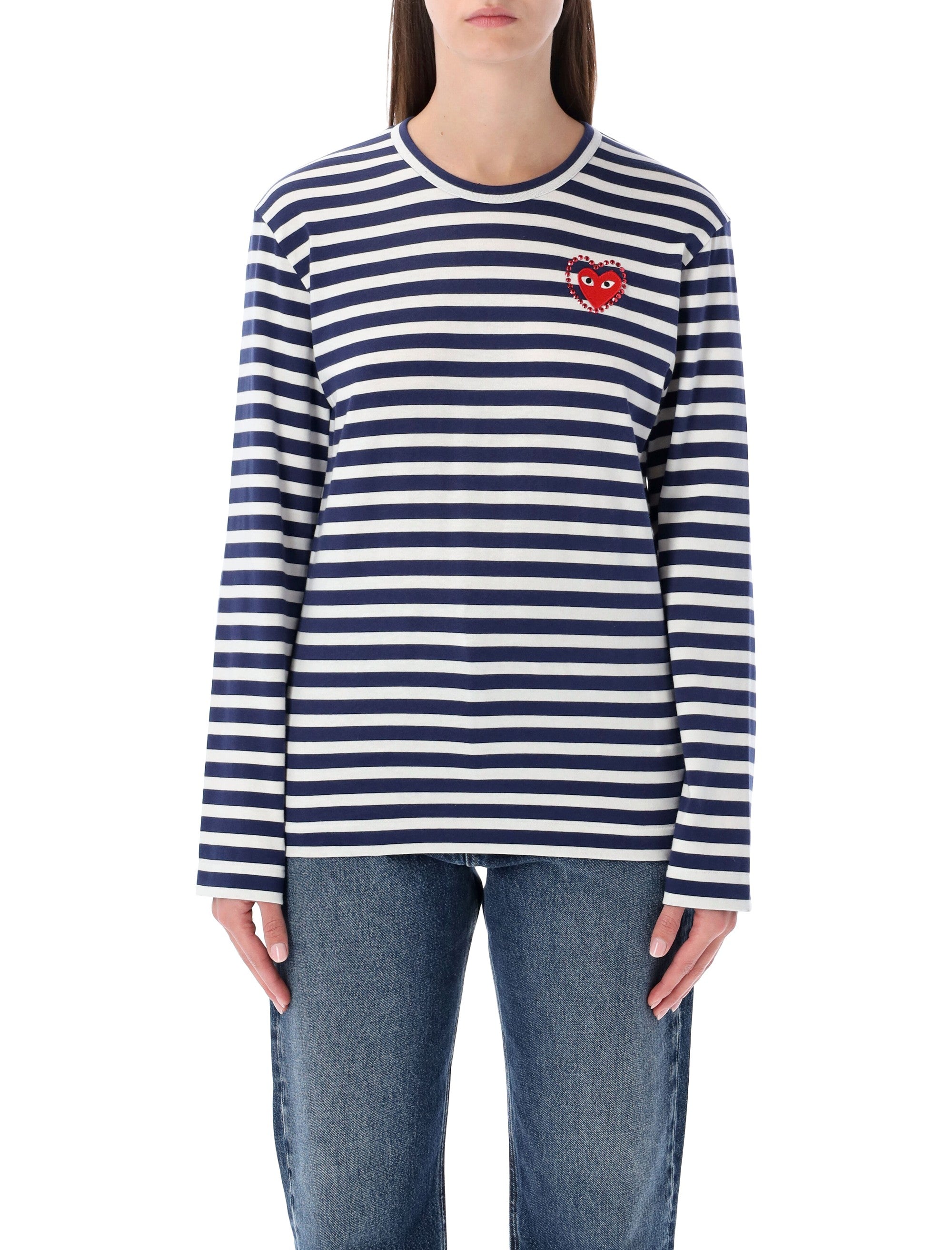 Comme des Garçons Play striped navy and white t-shirt with crystal heart Navy/white Cotton Tshirt