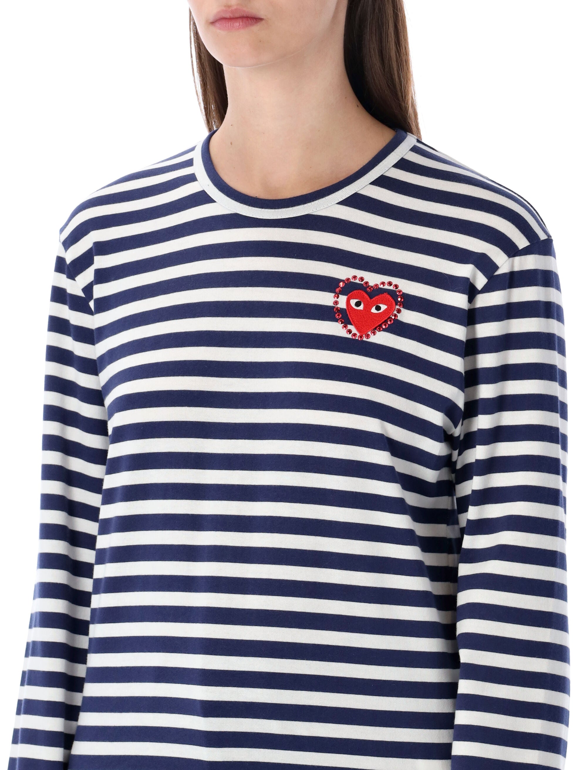 Comme des Garçons Play striped navy and white t-shirt with crystal heart Navy/white Cotton Tshirt