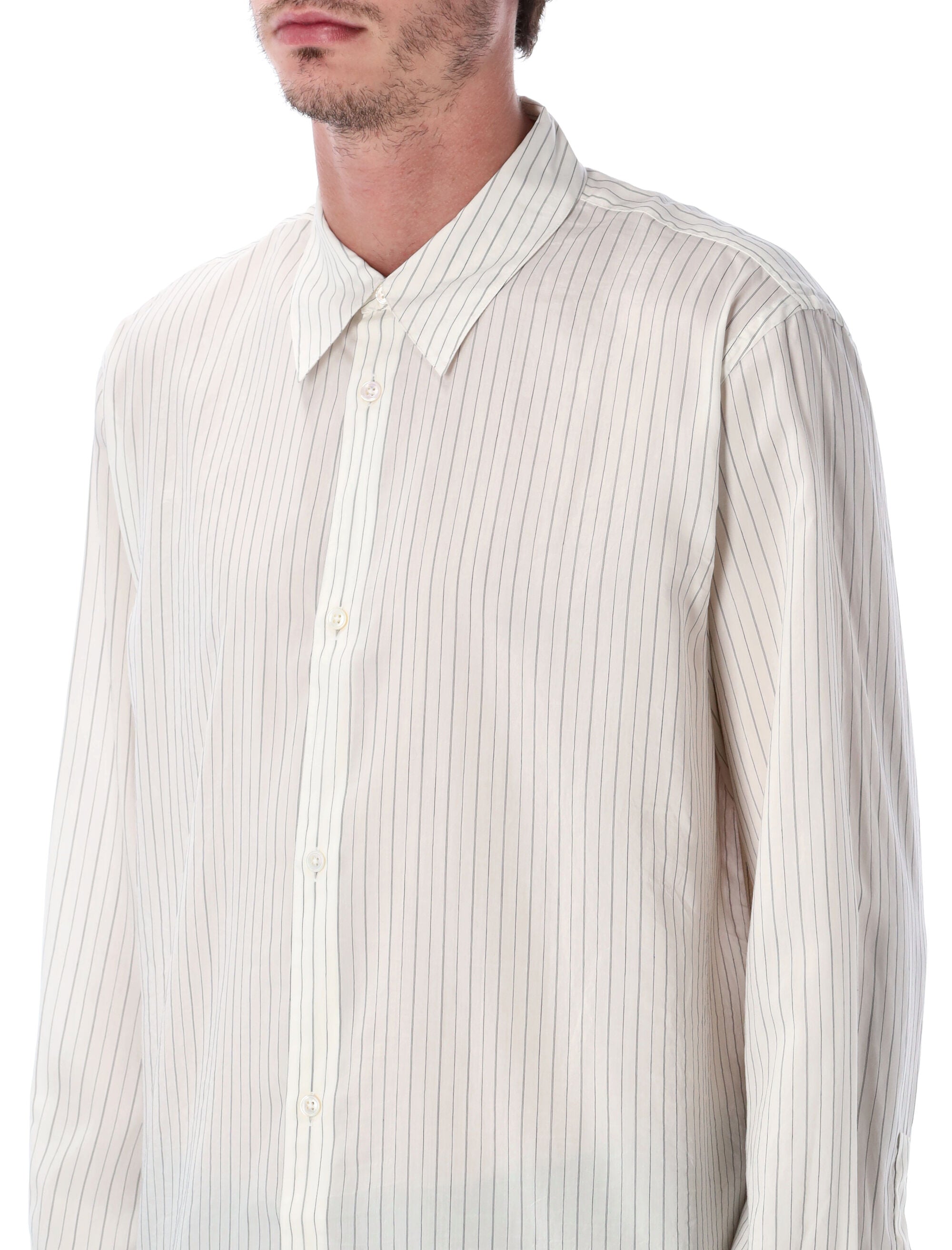 Studio Nicholson View Striped Silk Shirt Ecru Black