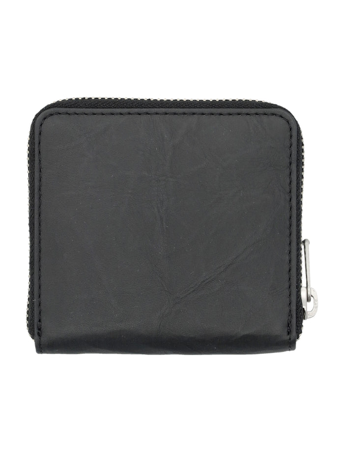 All-around zip crinkle leather wallet Black