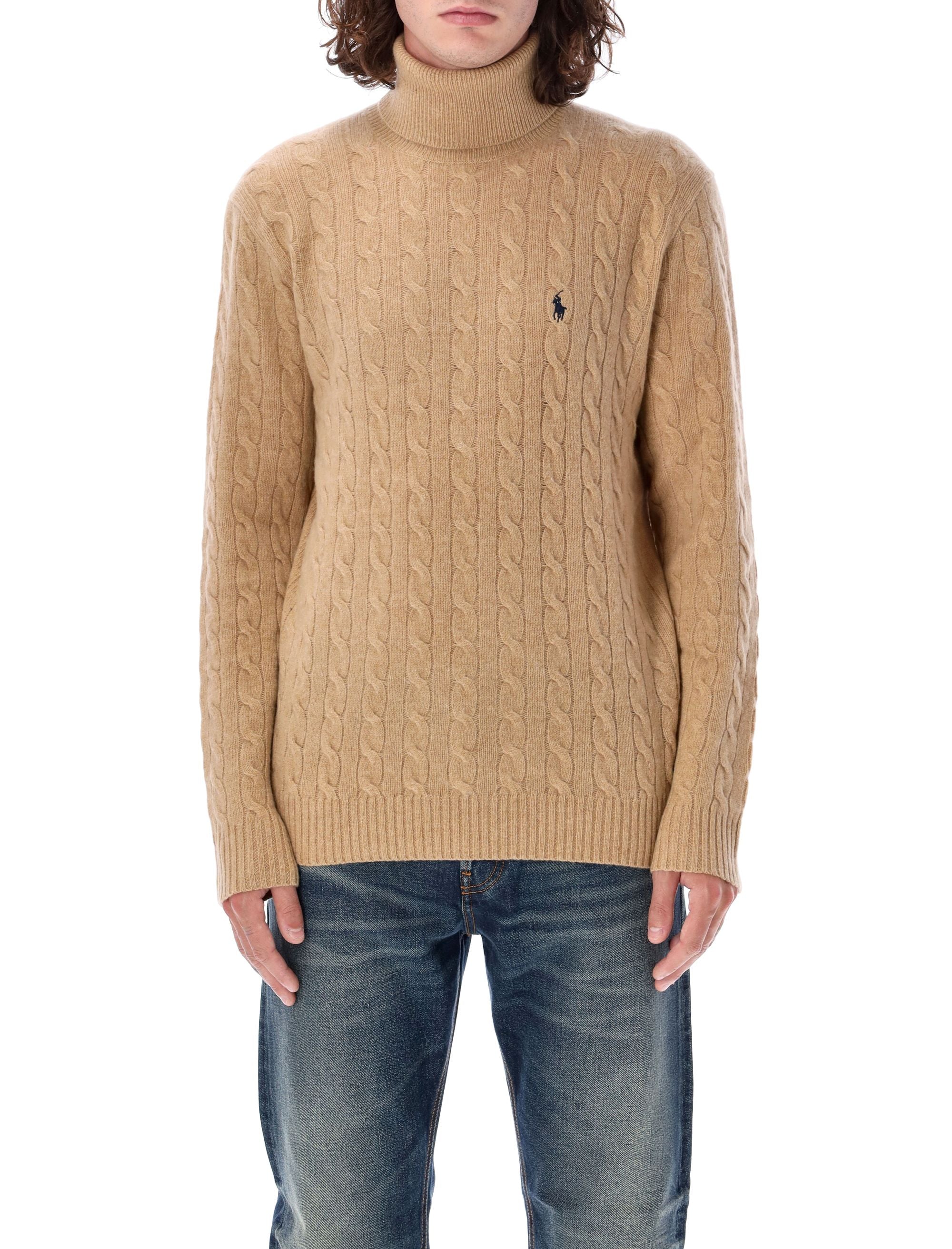 Cable knit high-neck sweater Camel Wool