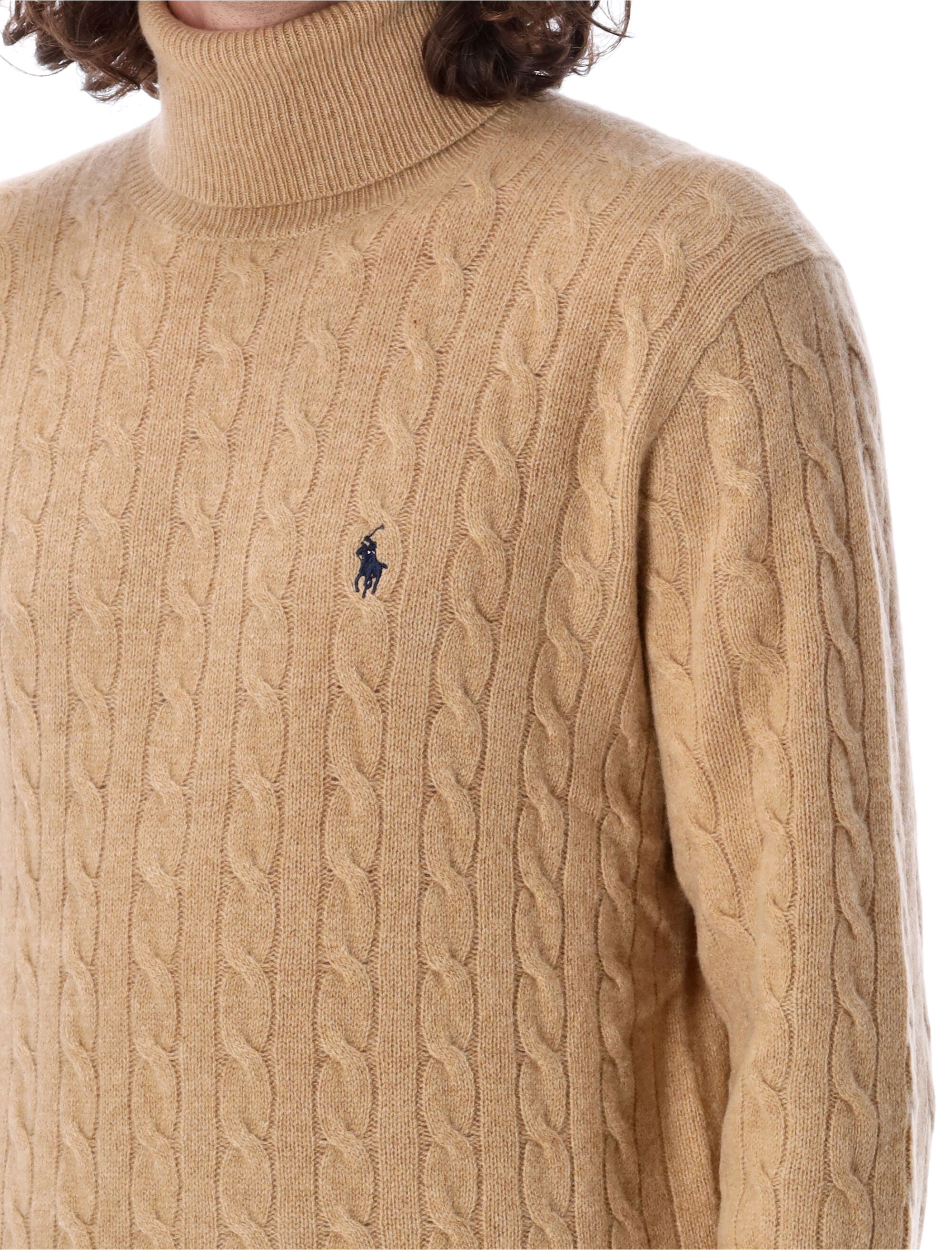 Cable knit high-neck sweater Camel Wool