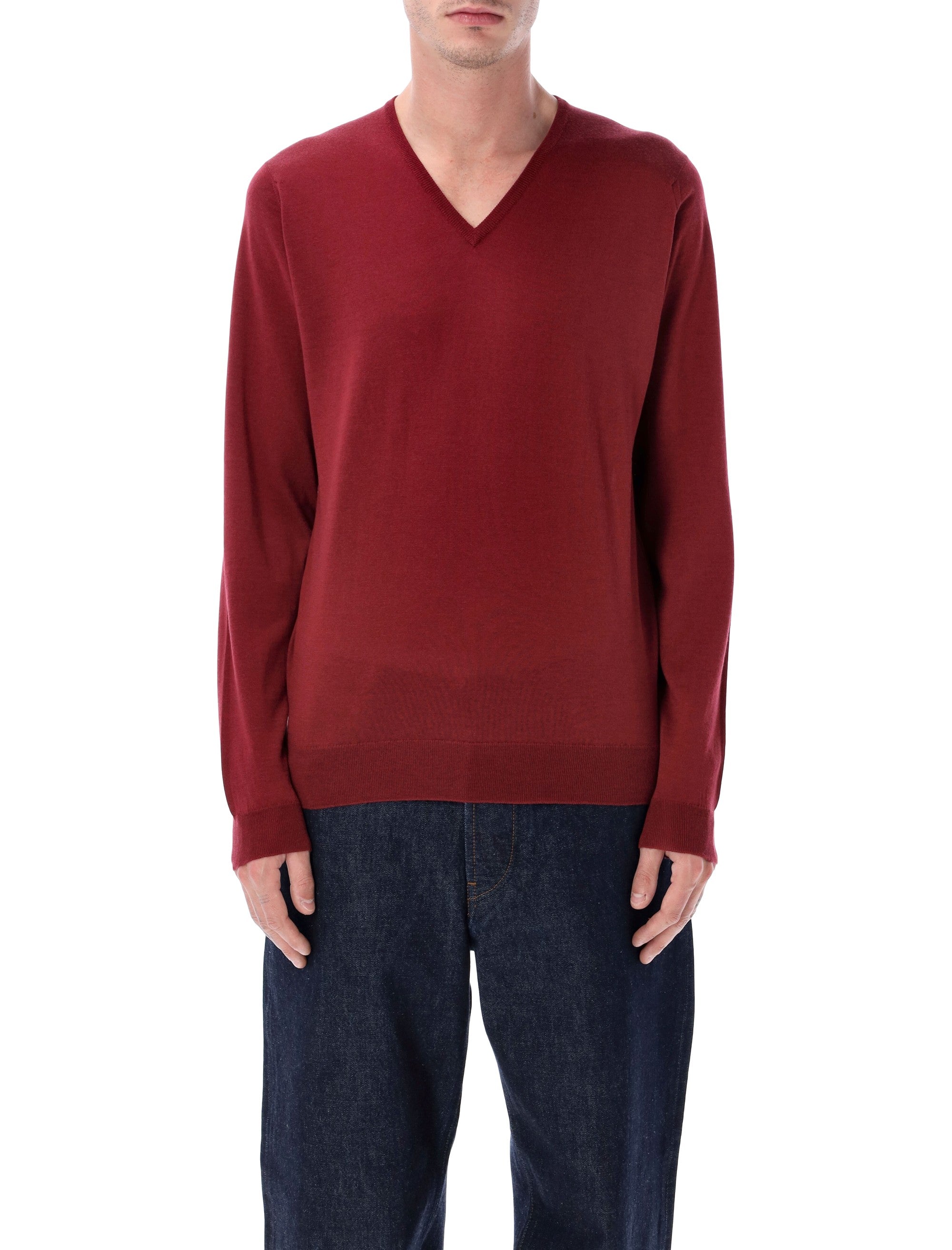 John Smedley Blenheim extra fine merino wool V-neck jumper Woolf Red Merinos Sweater