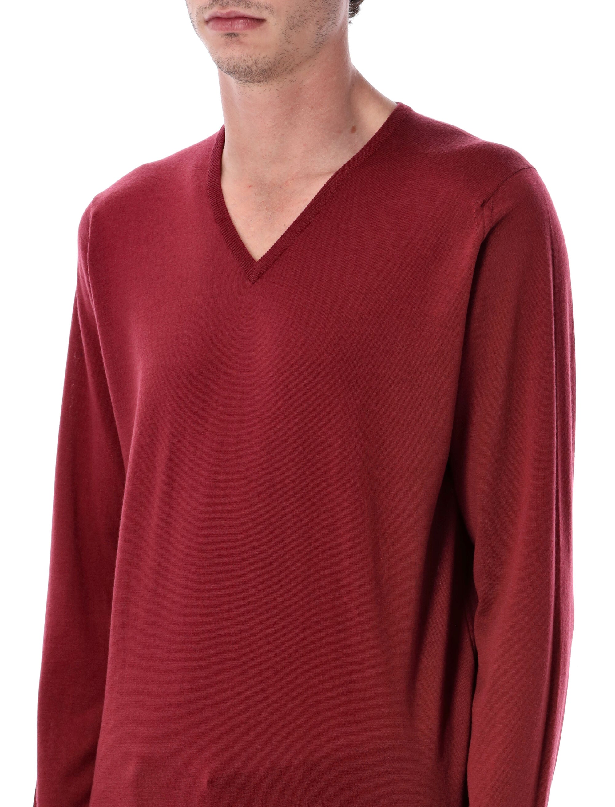 John Smedley Blenheim extra fine merino wool V-neck jumper Woolf Red Merinos Sweater