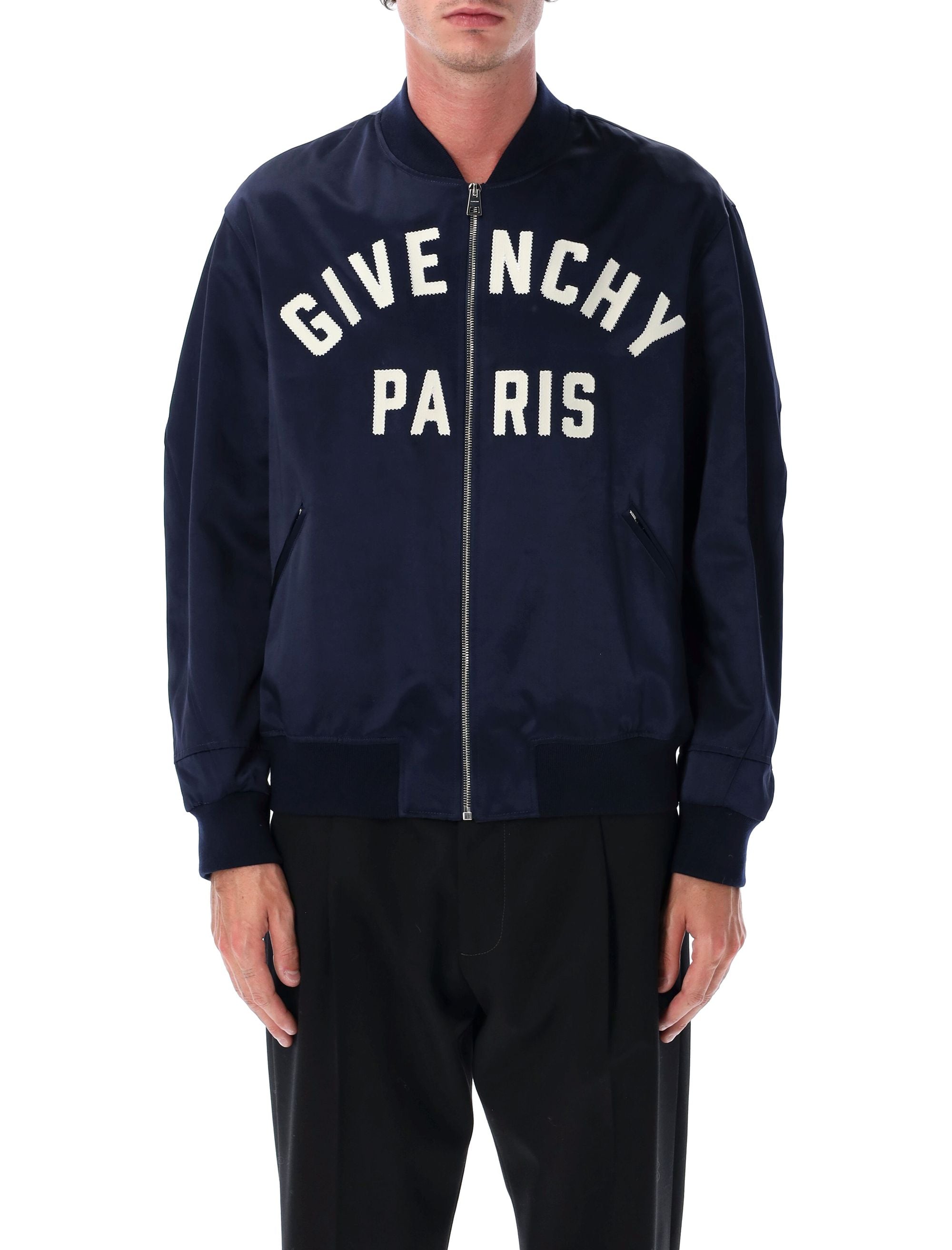 Givenchy Navy Blue Cotton Satin Zipped Blouson Jacket