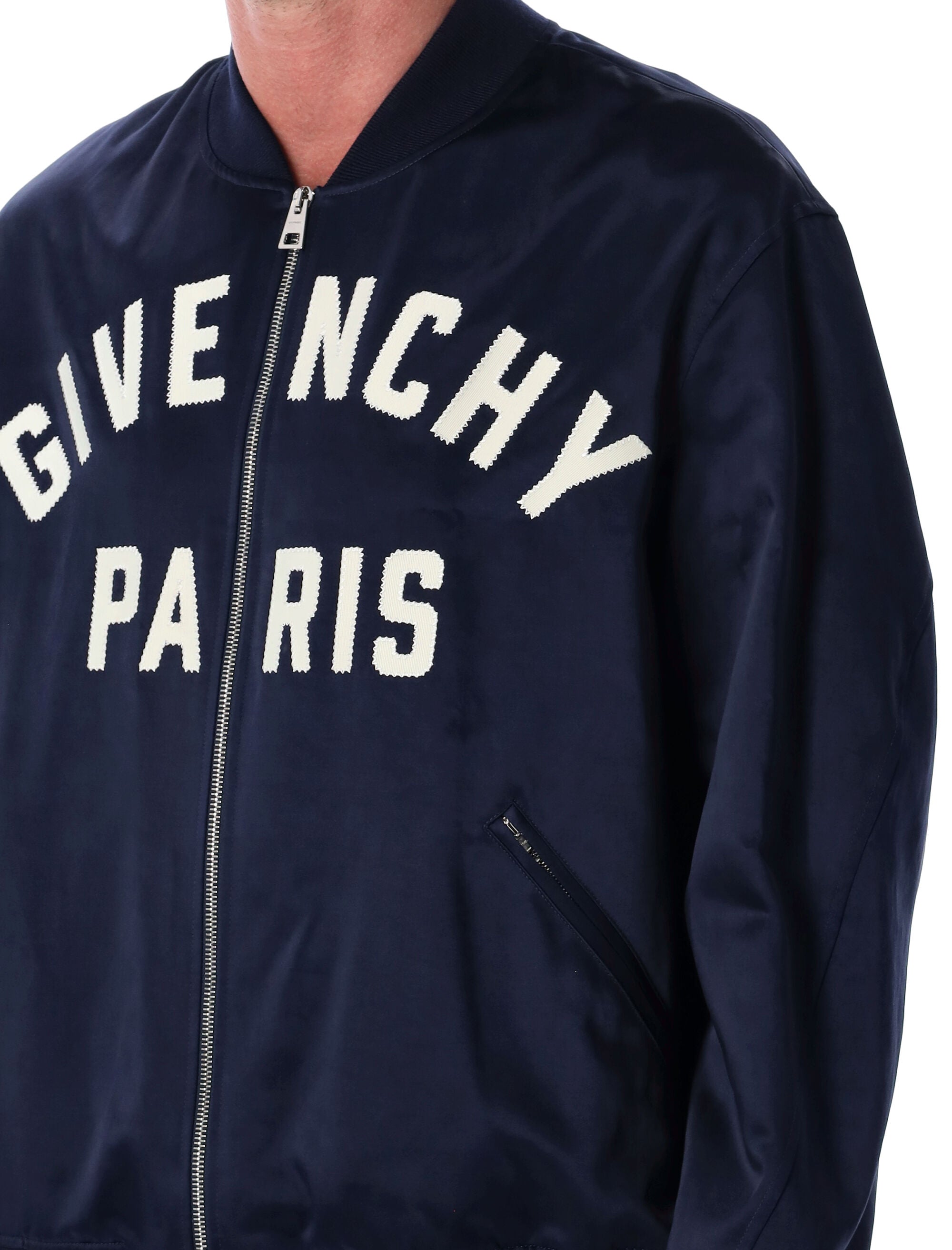 Givenchy Navy Blue Cotton Satin Zipped Blouson Jacket