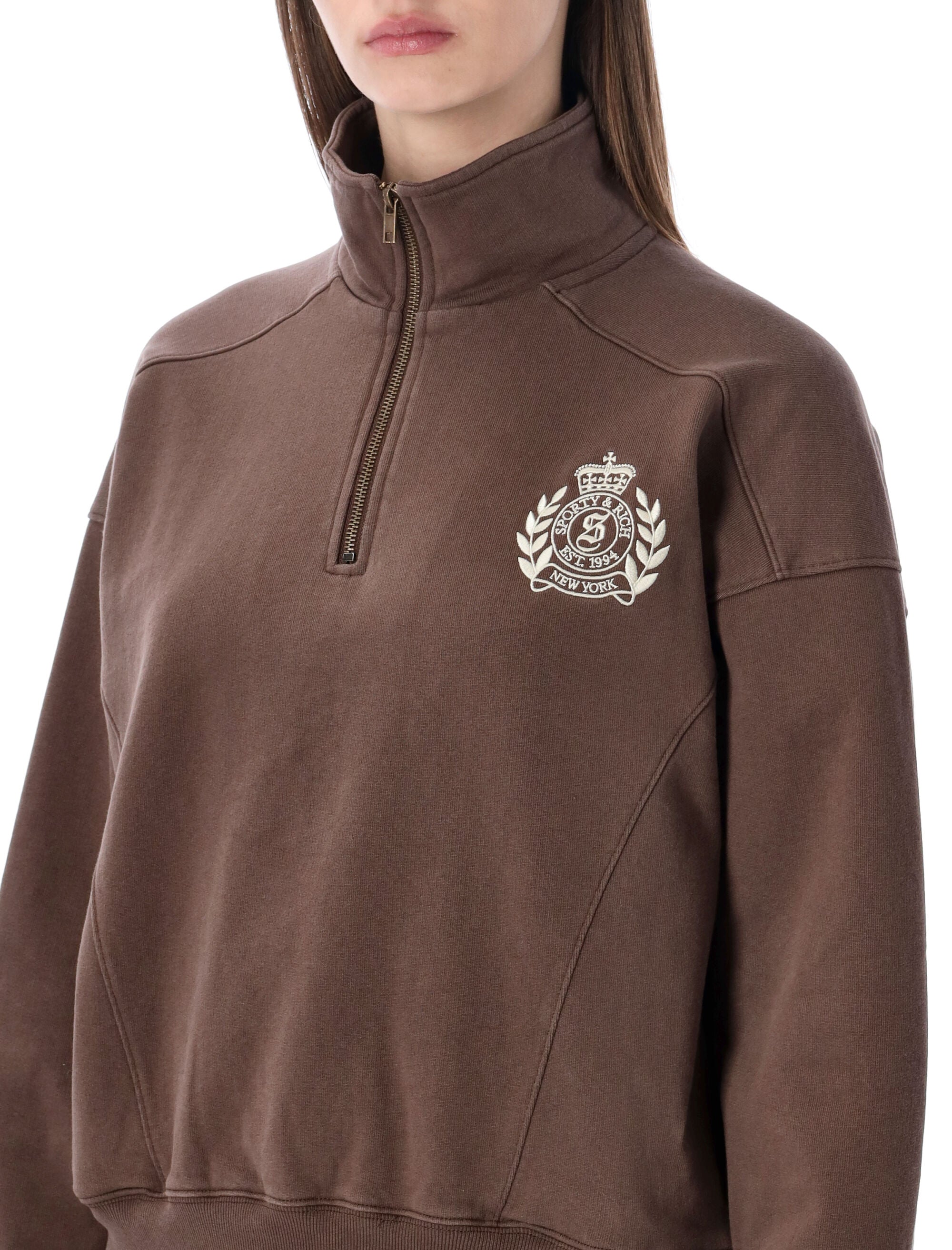 Sporty & Rich Crest Quarter-Zip Sweatshirt - Chocolate Cotton