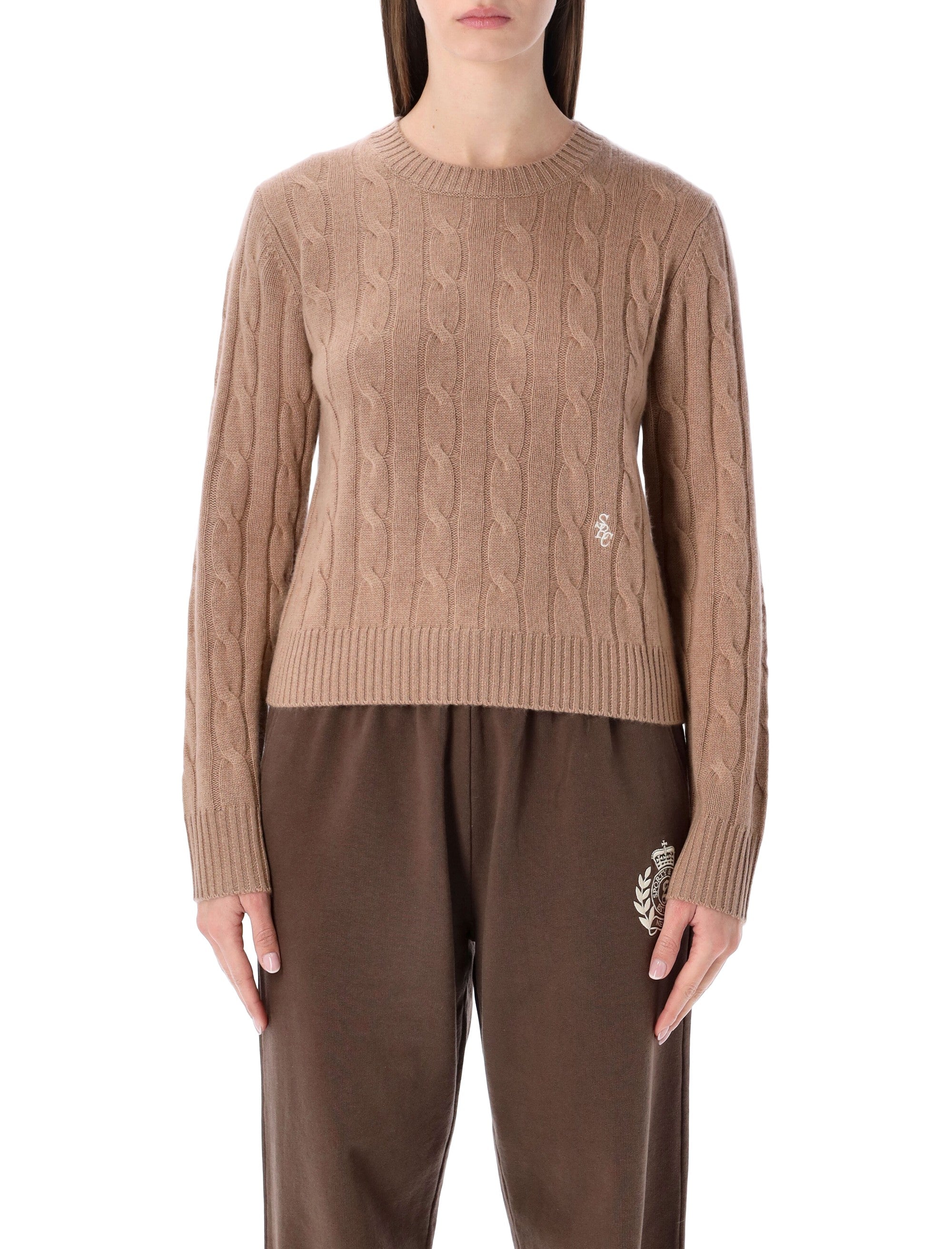 Sporty & Rich Cropped Cable-Knit Cashmere Sweater Camel