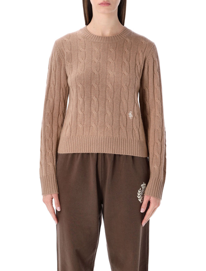 Sporty & Rich Cropped Cable-Knit Cashmere Sweater Camel