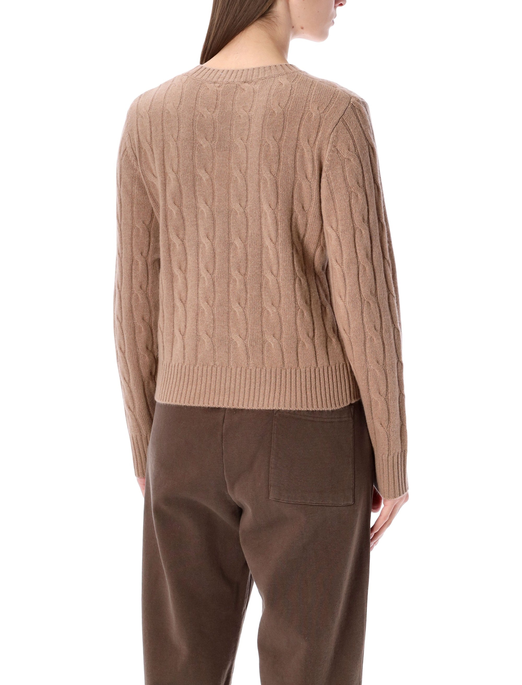 Sporty & Rich Cropped Cable-Knit Cashmere Sweater Camel