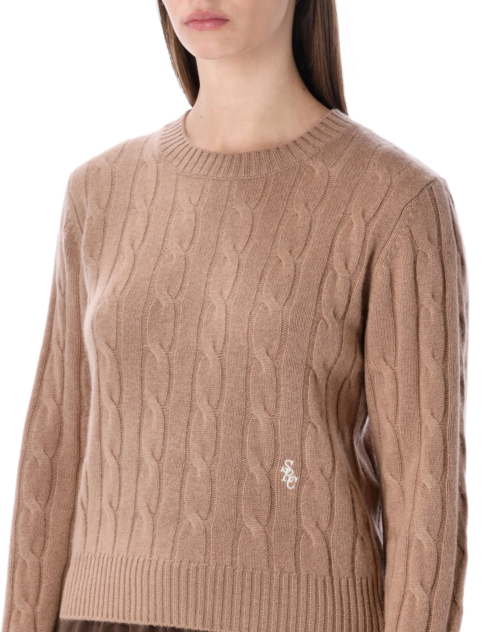 Sporty & Rich Cropped Cable-Knit Cashmere Sweater Camel