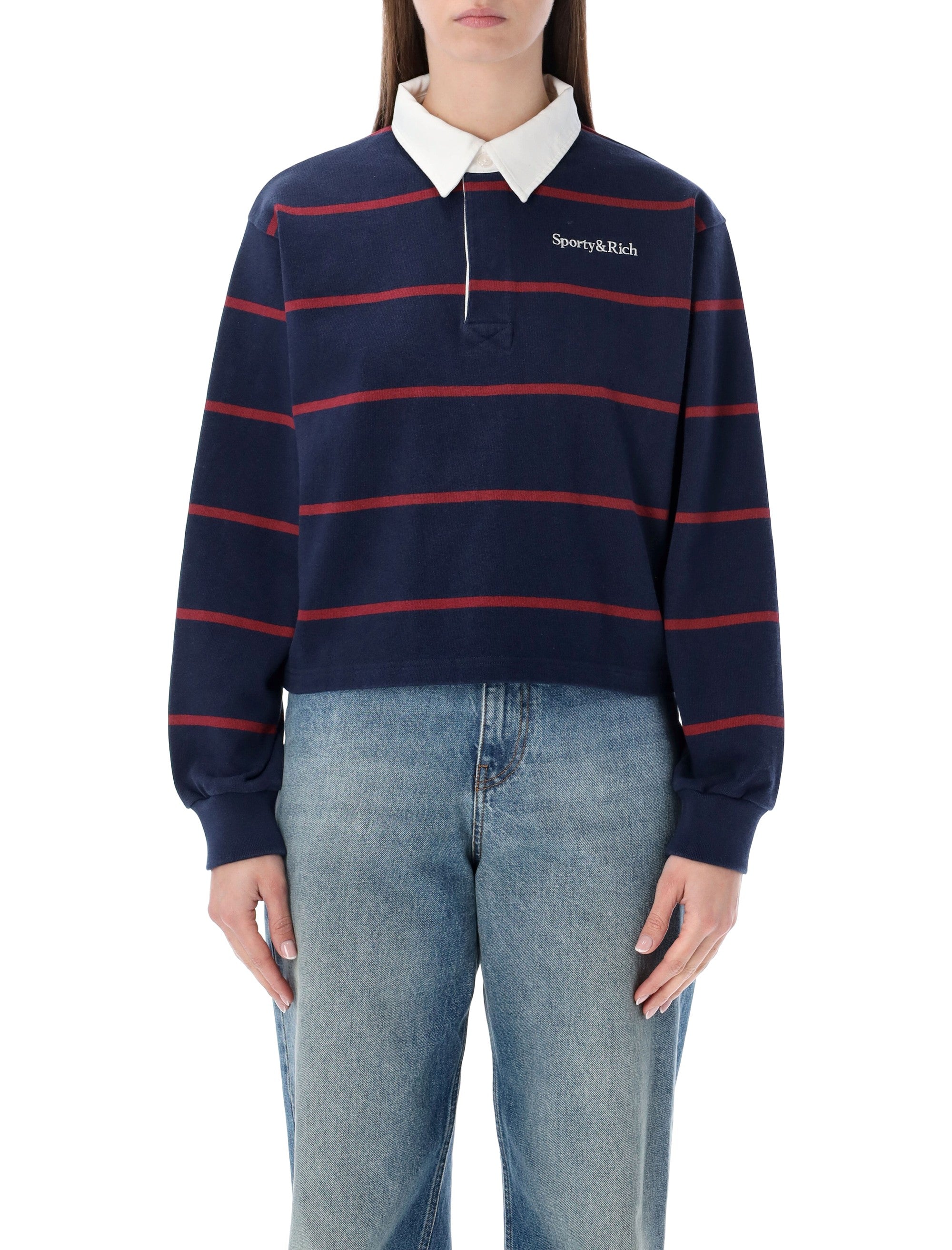 Sporty & Rich navy and merlot cotton Serif logo Rugby polo Dark T-shirt