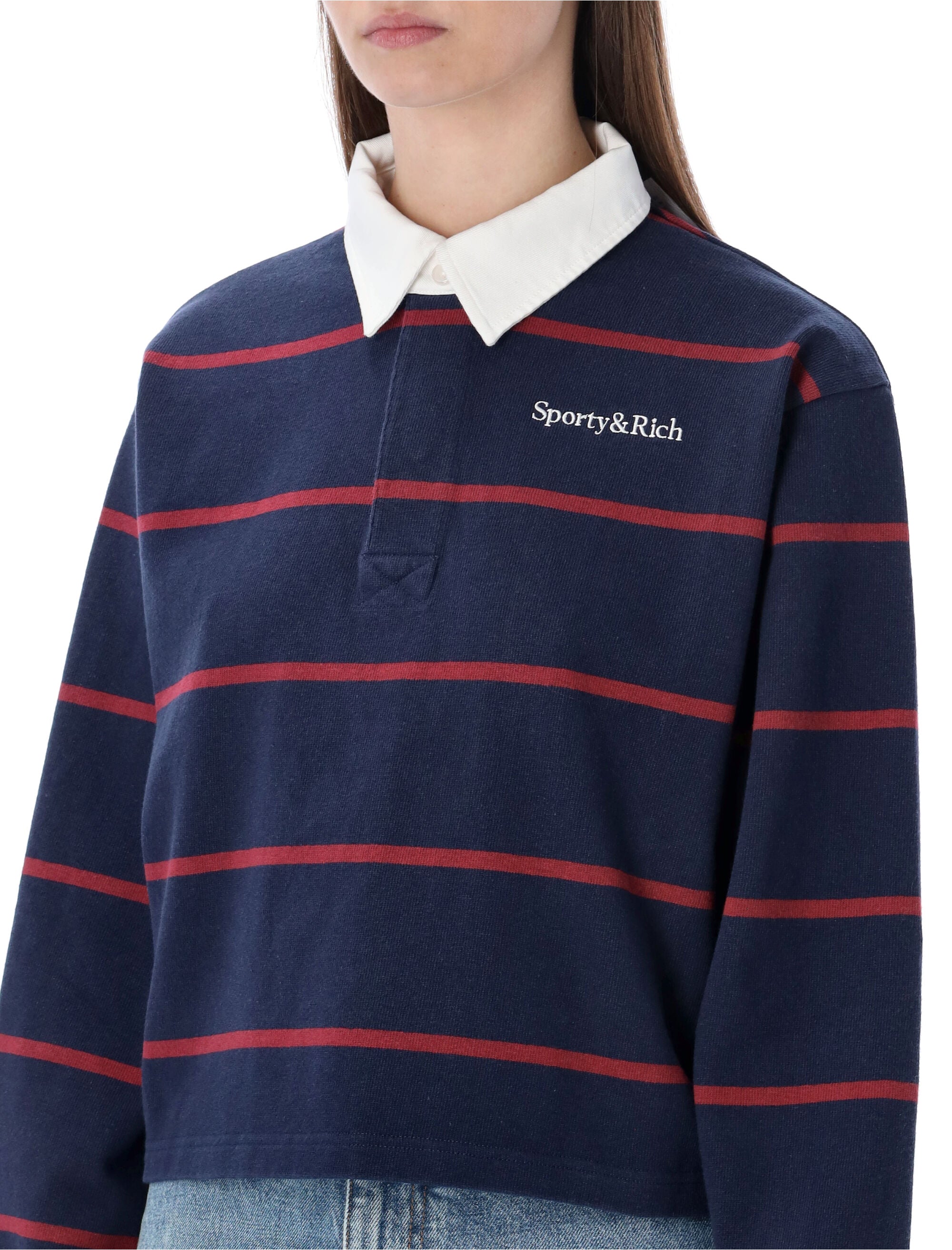 Sporty & Rich navy and merlot cotton Serif logo Rugby polo Dark T-shirt