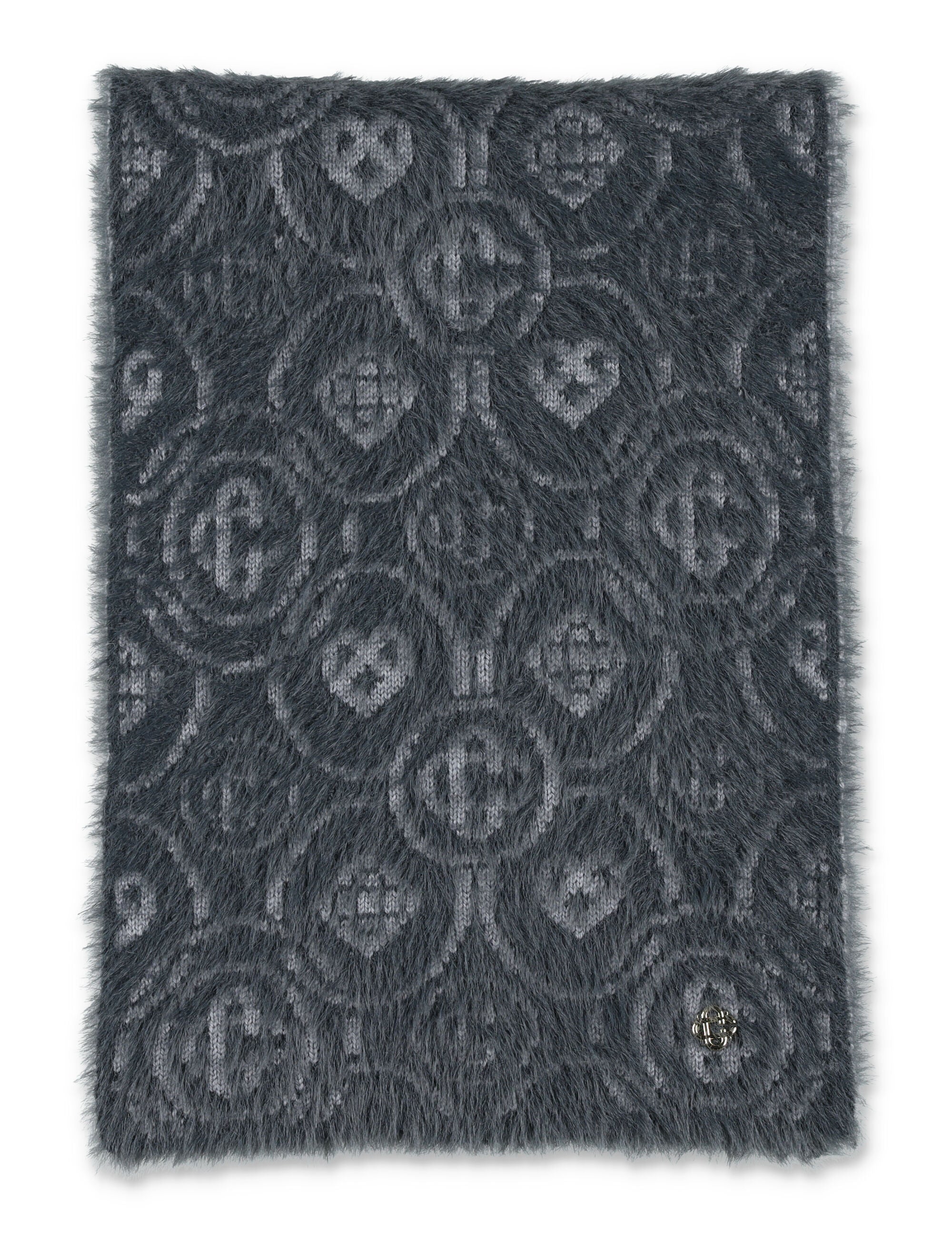 Grey Merino Wool Blend Fluffy Monogram Scarf