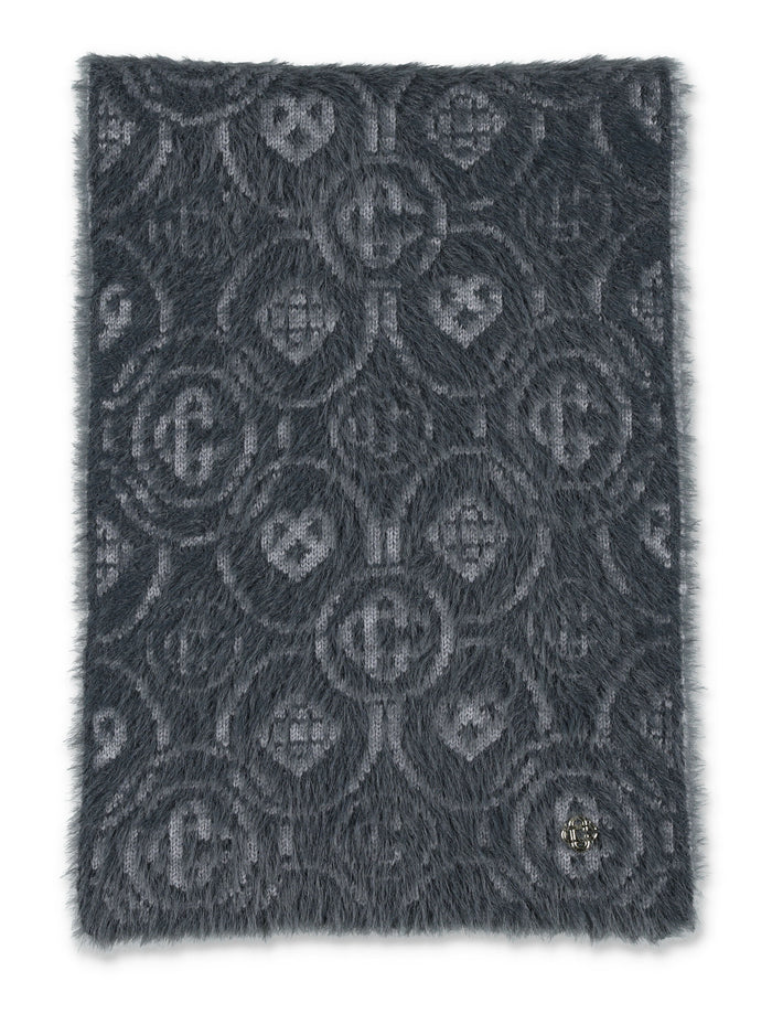 Grey Merino Wool Blend Fluffy Monogram Scarf