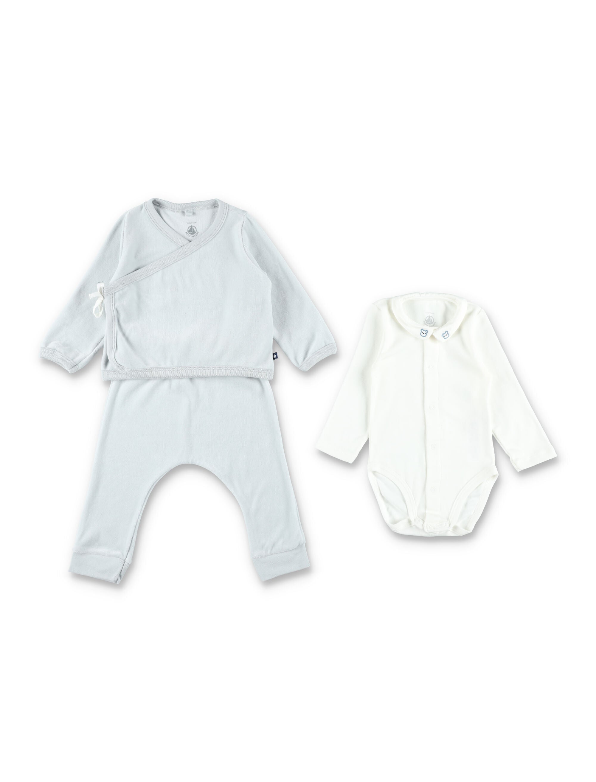 Petit Bateau Baby velour three-piece set with embroidered bear Blue Cotton