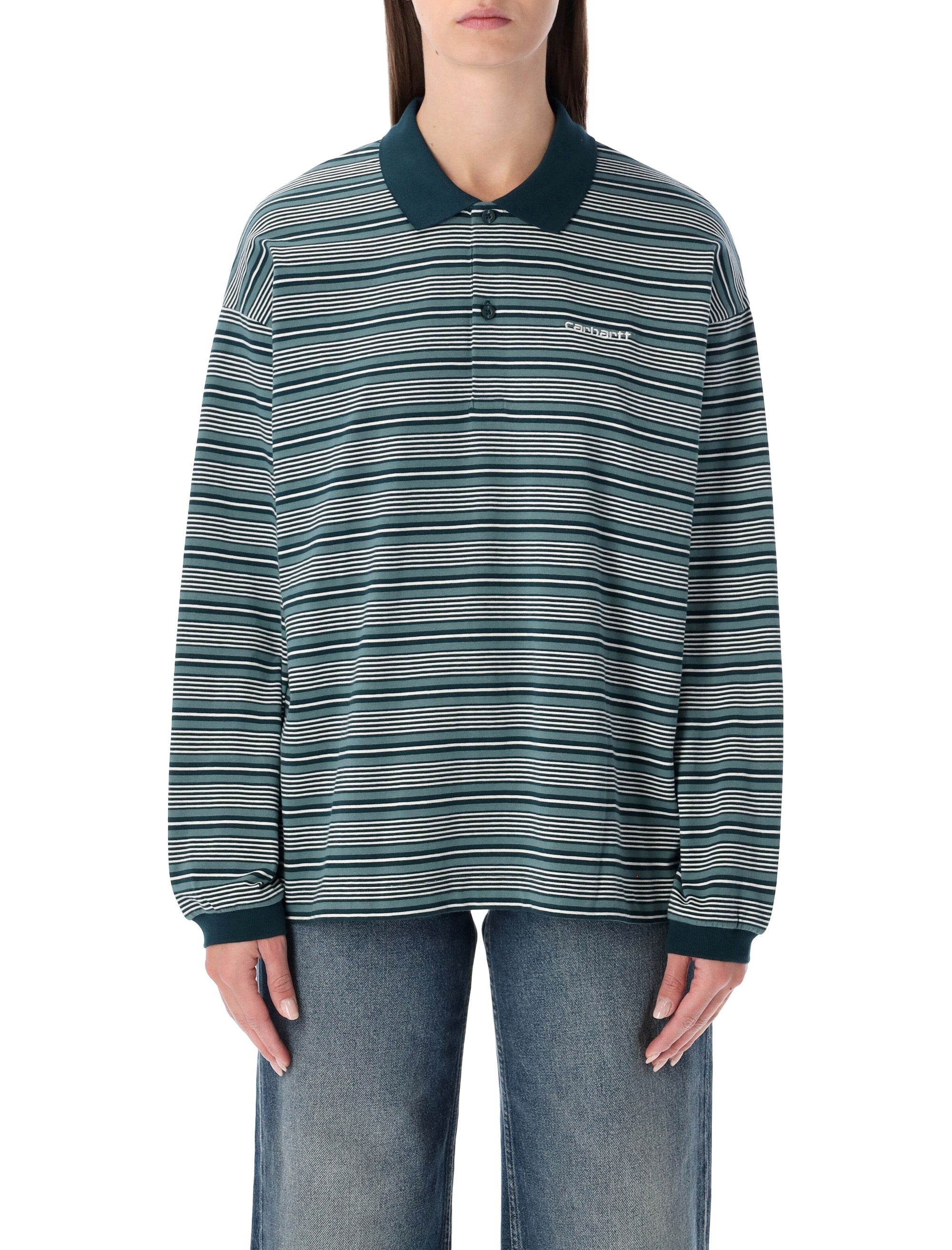 Carhartt WIP striped L-S Largo polo shirt Deep Lagoon Green Stripe Cotton T-shirt