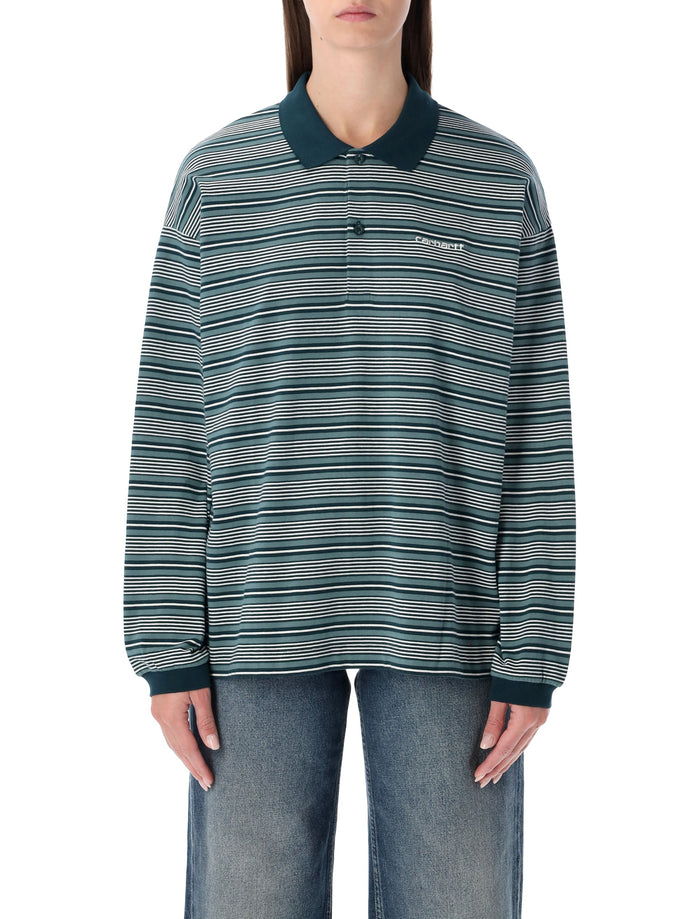 Carhartt WIP striped L-S Largo polo shirt Deep Lagoon Green Stripe Cotton T-shirt
