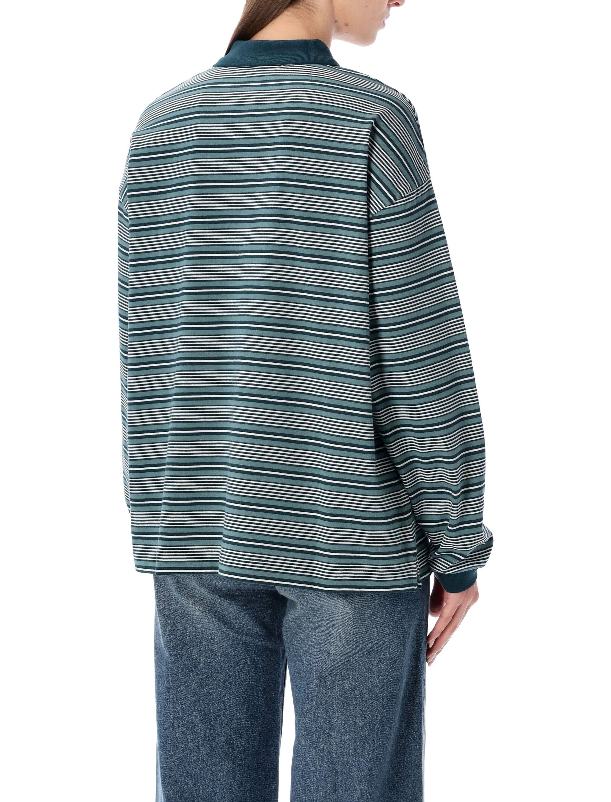 Carhartt WIP striped L-S Largo polo shirt Deep Lagoon Green Stripe Cotton T-shirt