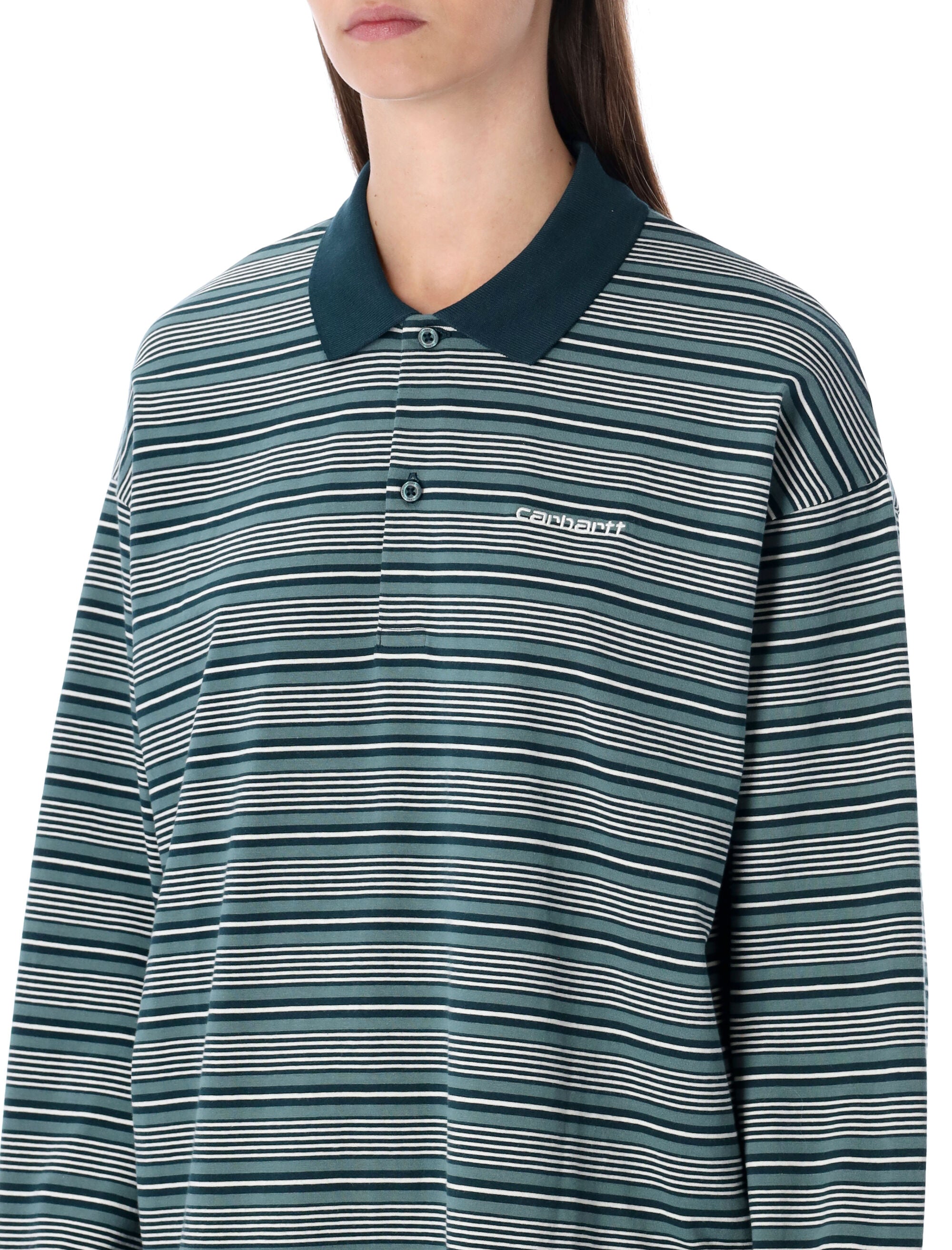 Carhartt WIP striped L-S Largo polo shirt Deep Lagoon Green Stripe Cotton T-shirt