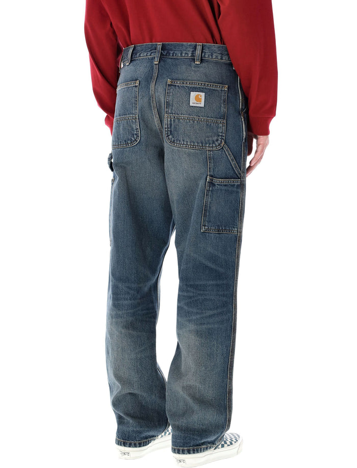 Single Knee Denim Work Pants Blue Worn Used Cotton Jean
