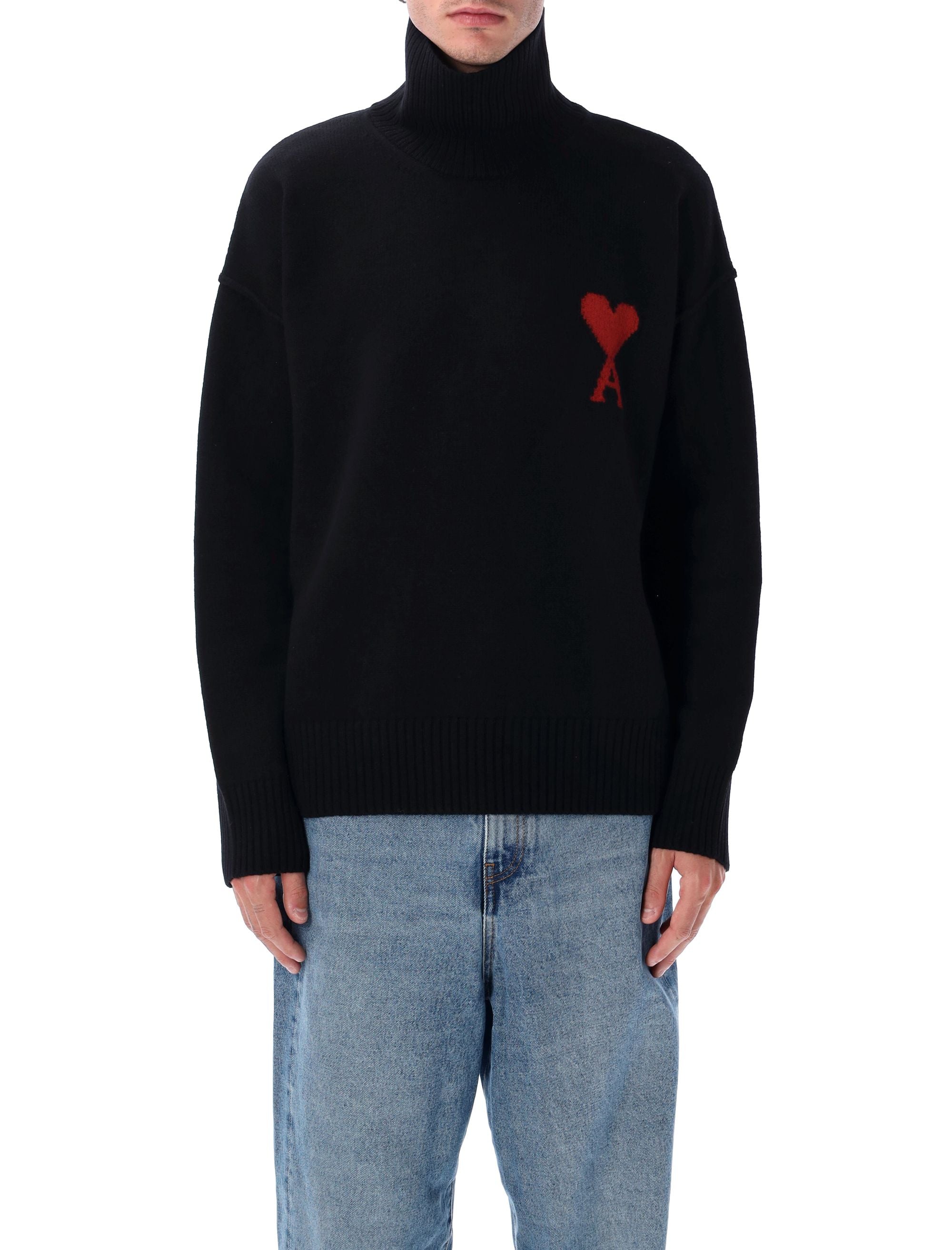 Ami Paris Wool de Coeur Turtleneck Black Red Sweater