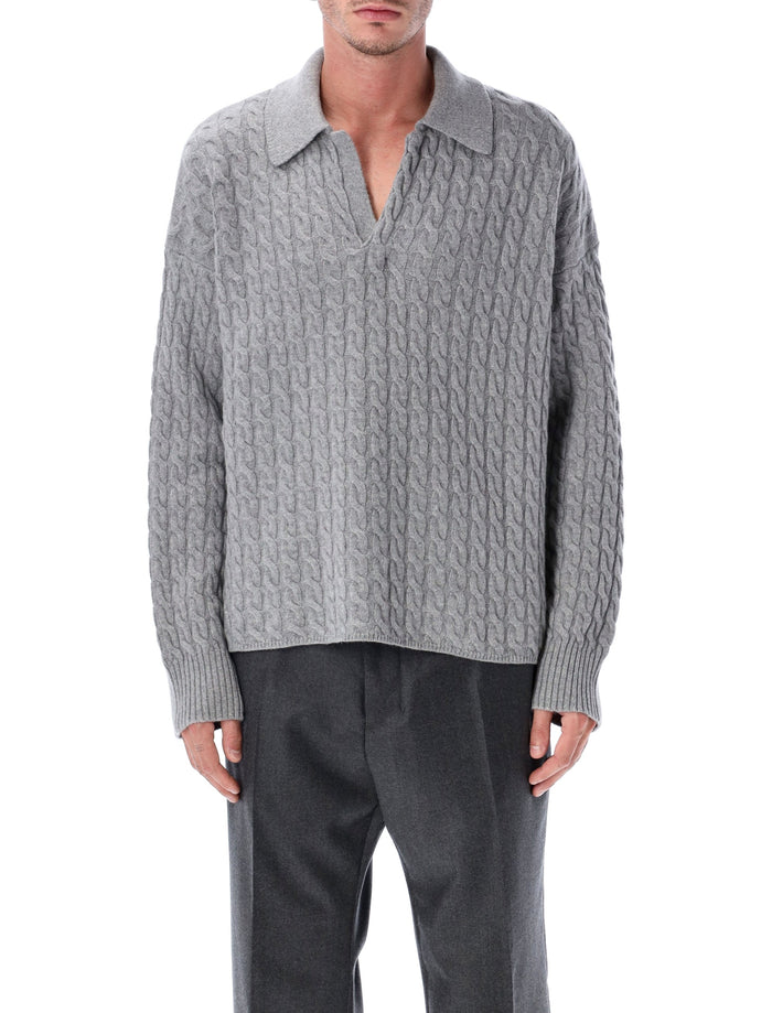 Ami Paris Cable Knit Polo Sweater Grey Wool
