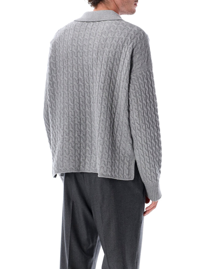 Ami Paris Cable Knit Polo Sweater Grey Wool