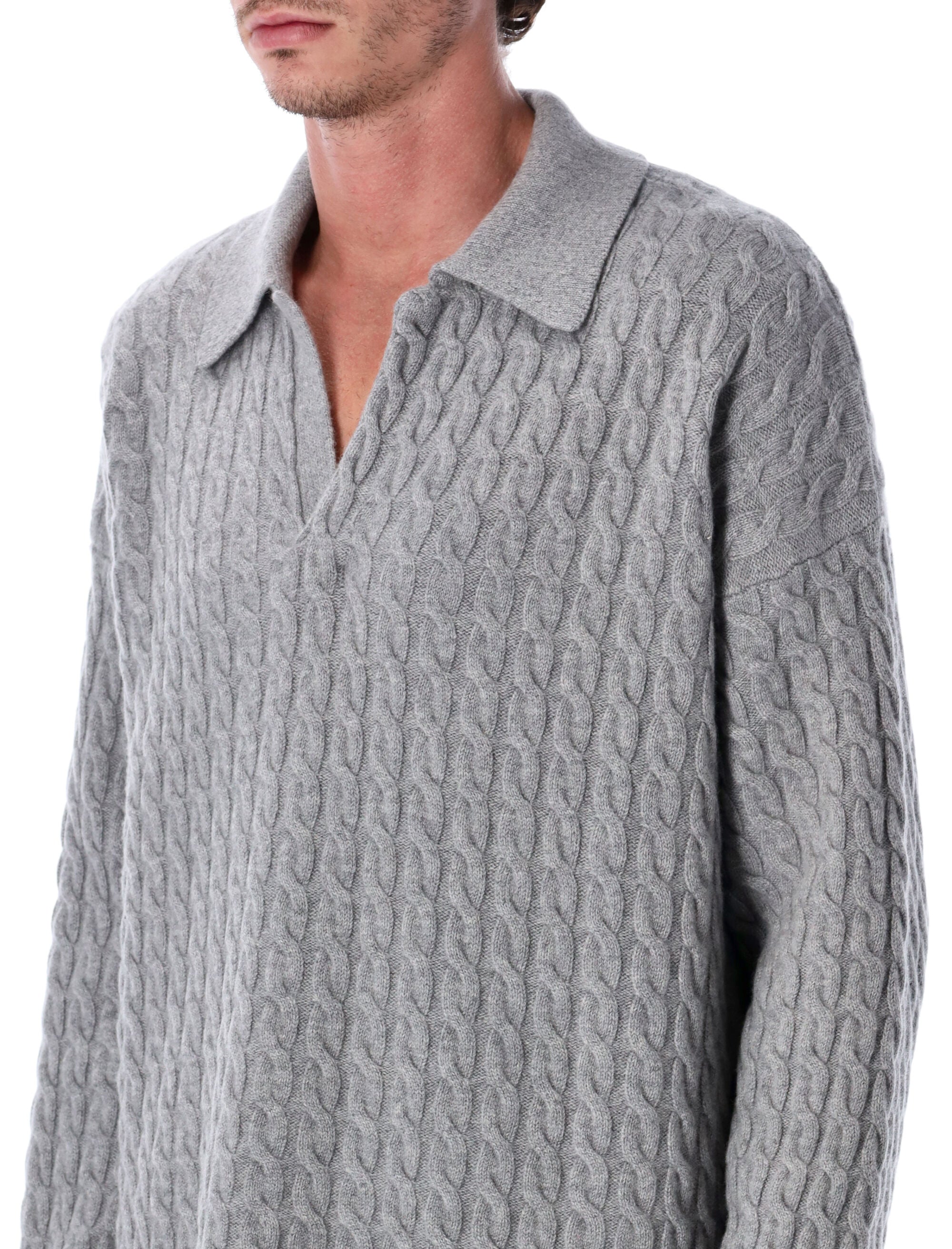 Ami Paris Cable Knit Polo Sweater Grey Wool
