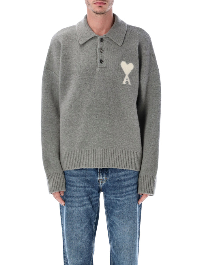 Ami Paris wool polo sweater with de Coeur logo Gris Alpaca