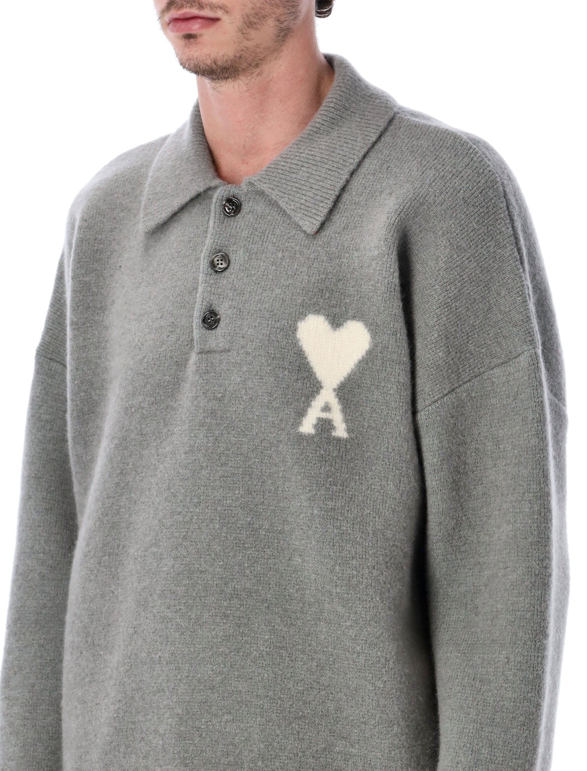 Ami Paris wool polo sweater with de Coeur logo Gris Alpaca