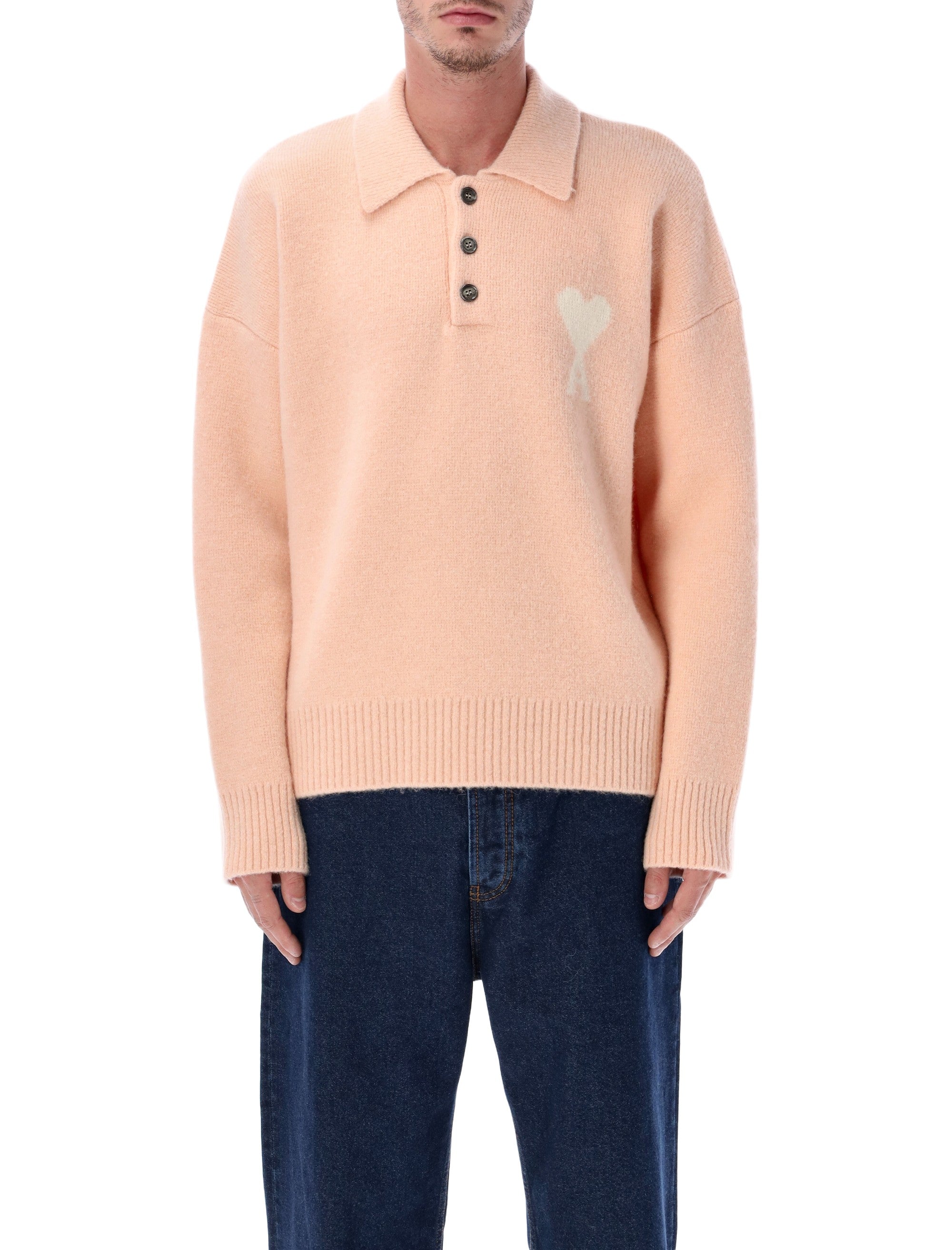 Ami Paris Wool Polo Sweater With De Coeur Logo Pink Alpaca