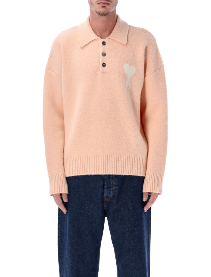 Ami Paris Wool Polo Sweater With De Coeur Logo Pink Alpaca