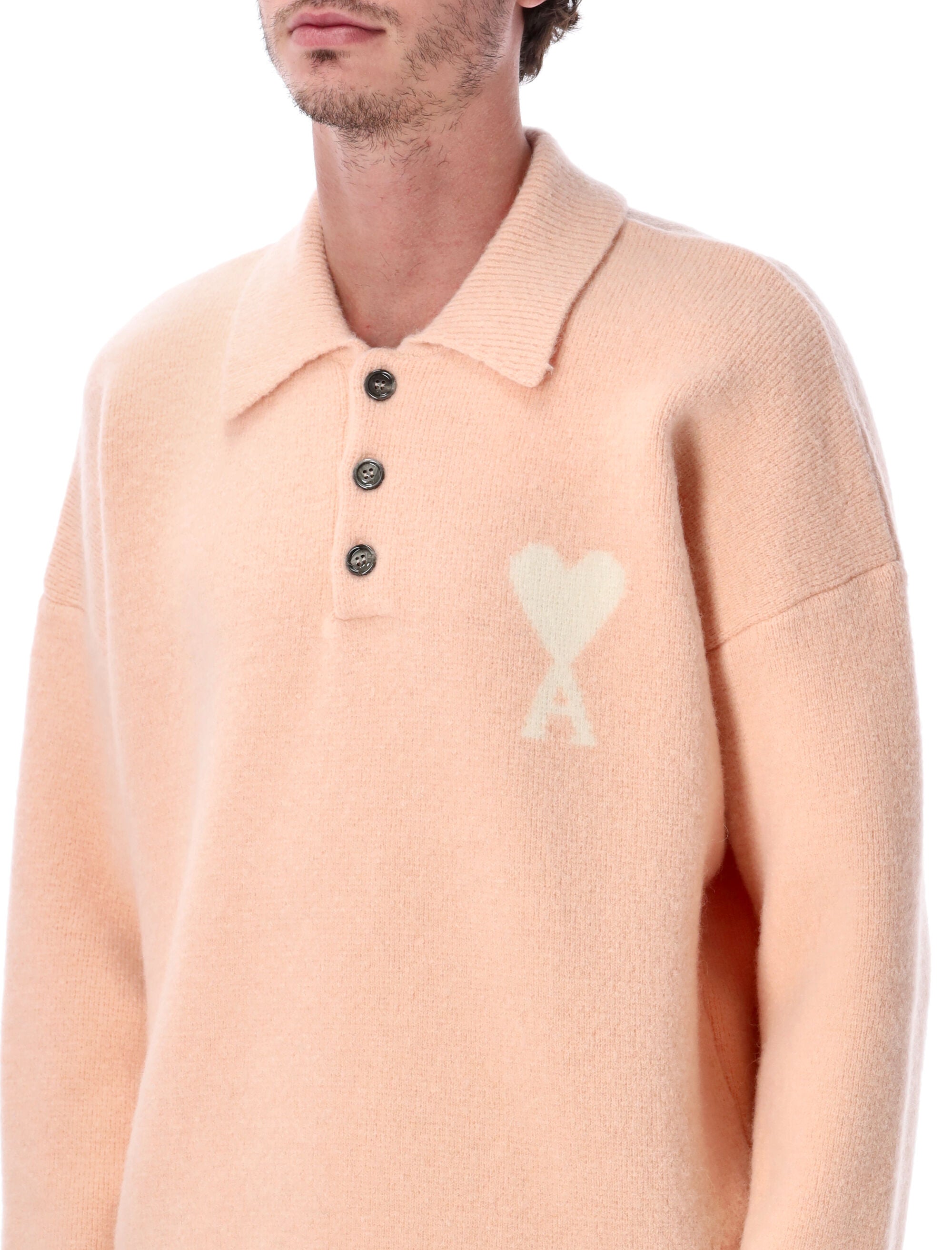 Ami Paris Wool Polo Sweater With De Coeur Logo Pink Alpaca