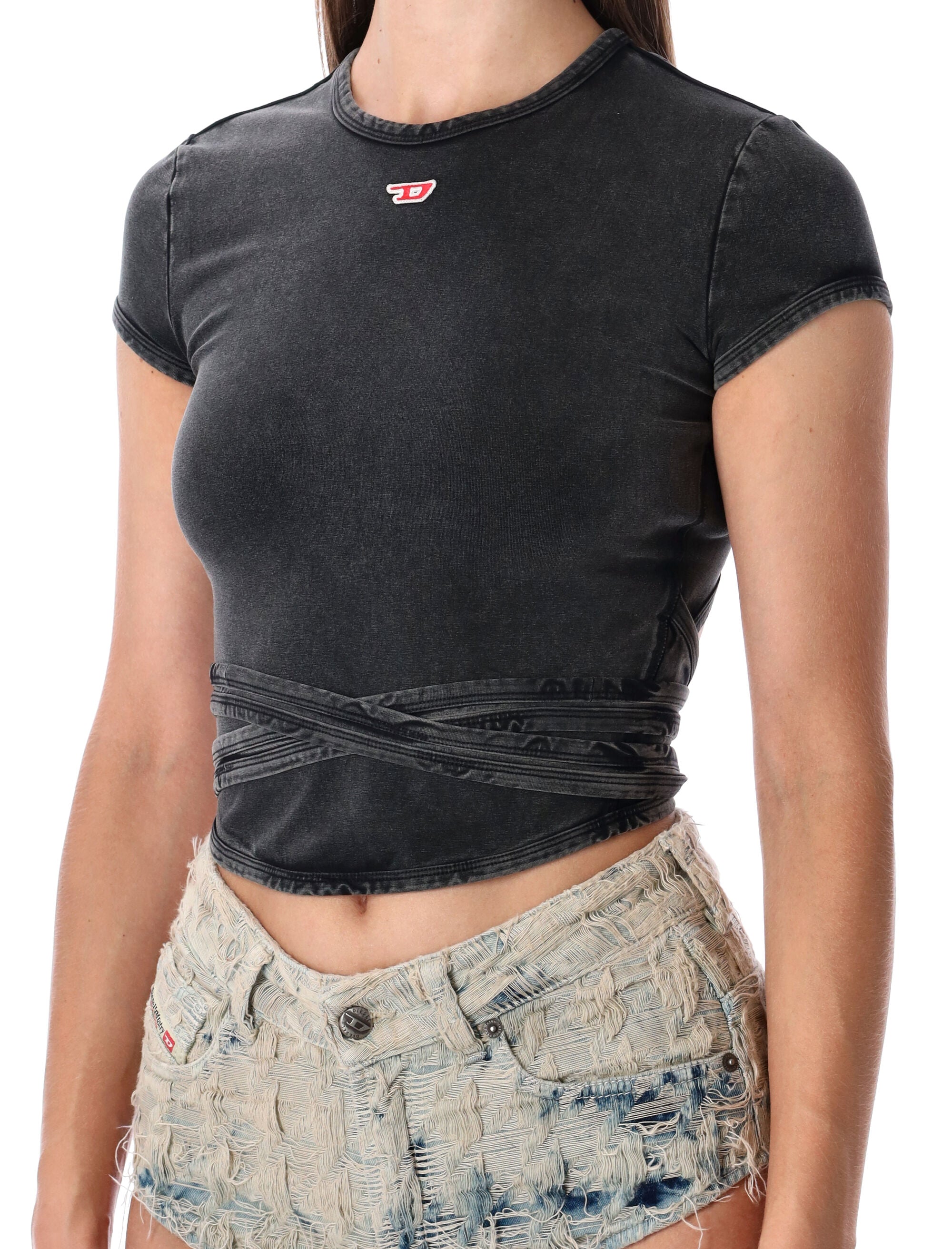 Diesel Faded Black Wrap-Tie Jersey T-Shirt Washed Cotton