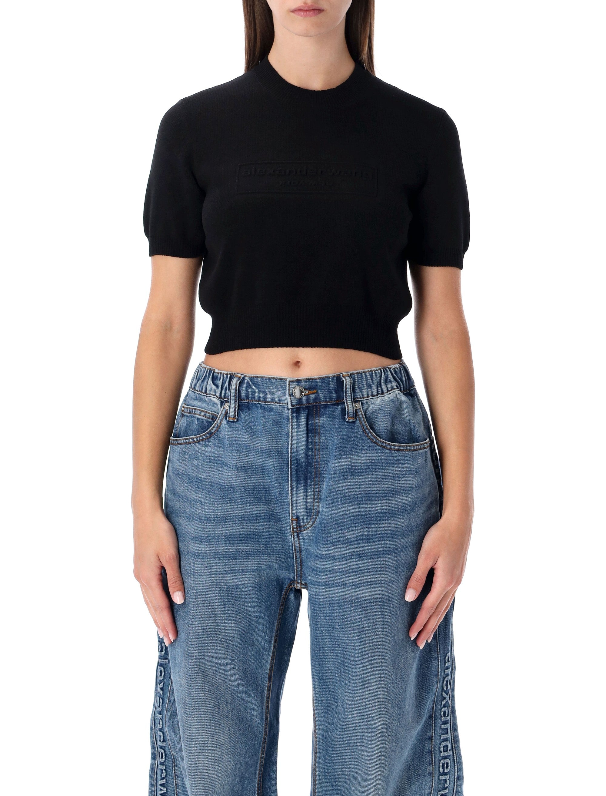 Alexander Wang cropped ribbed chenille sweater with logo Black Polyester